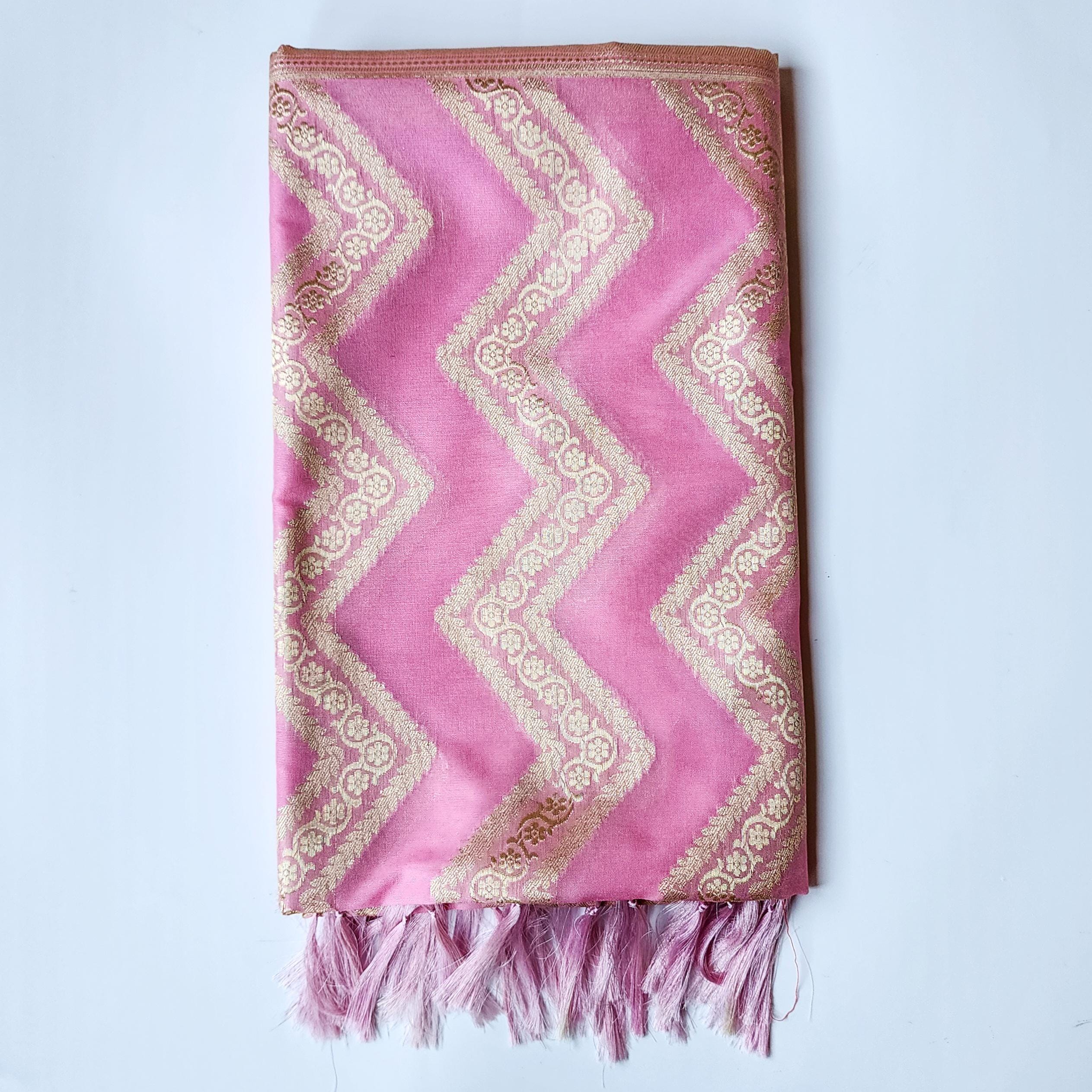 Soft Pastel Pink Banarasi Dupatta Golden Chevron Pattern, Youthful Radiance