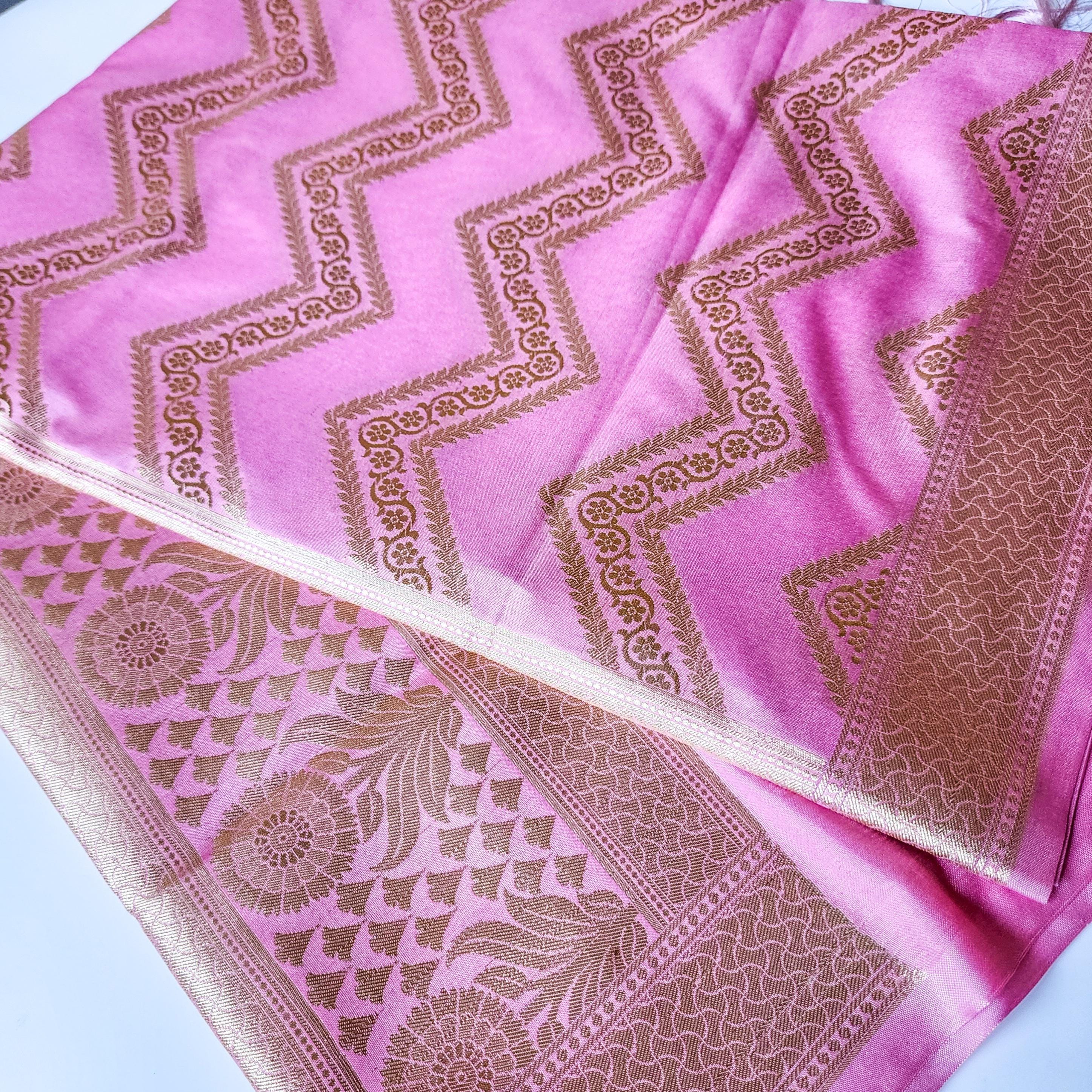Soft Pastel Pink Banarasi Dupatta Golden Chevron Pattern, Youthful Radiance