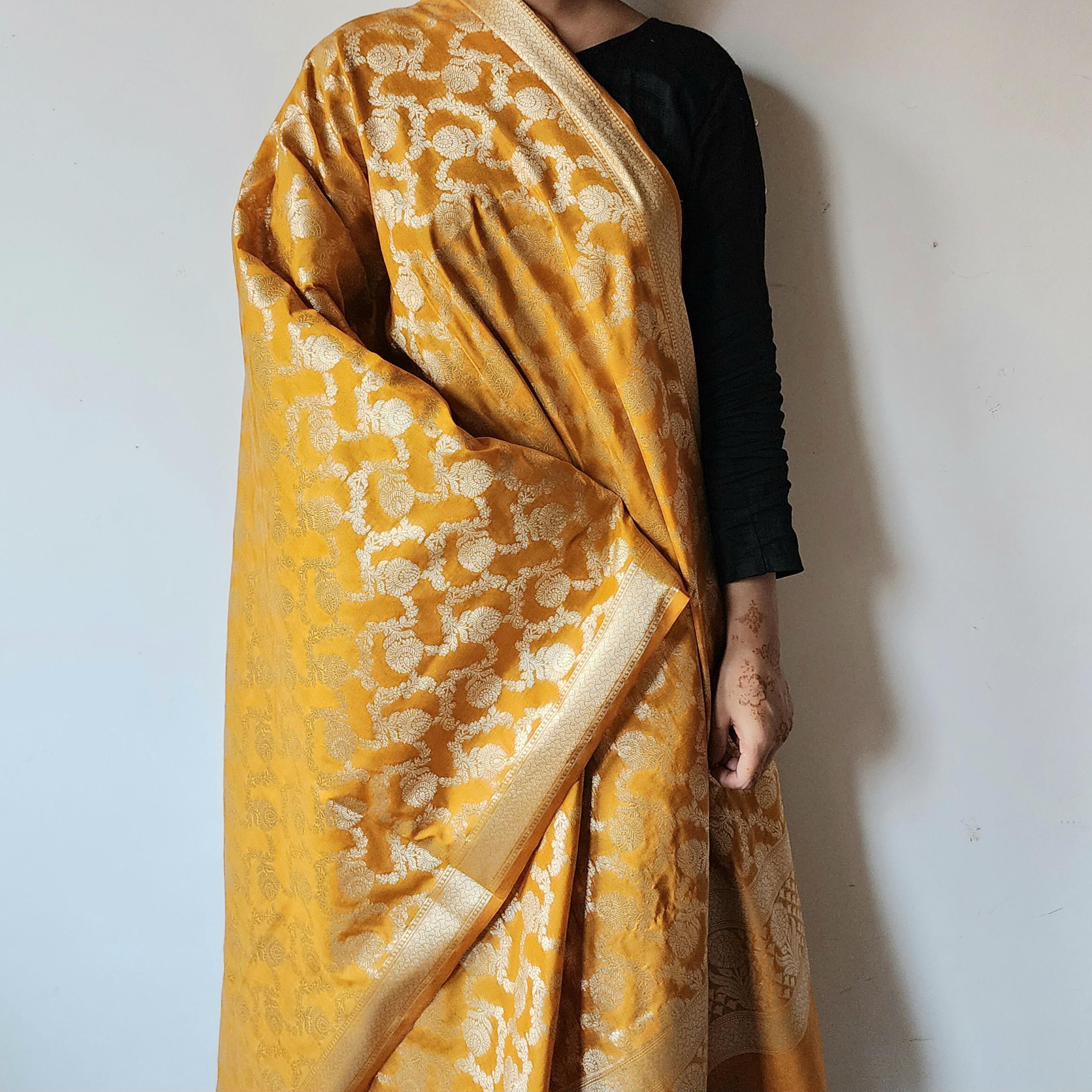 Mustard Yellow Floral Jaal Dupatta with Mughal-Inspired Zari Border
