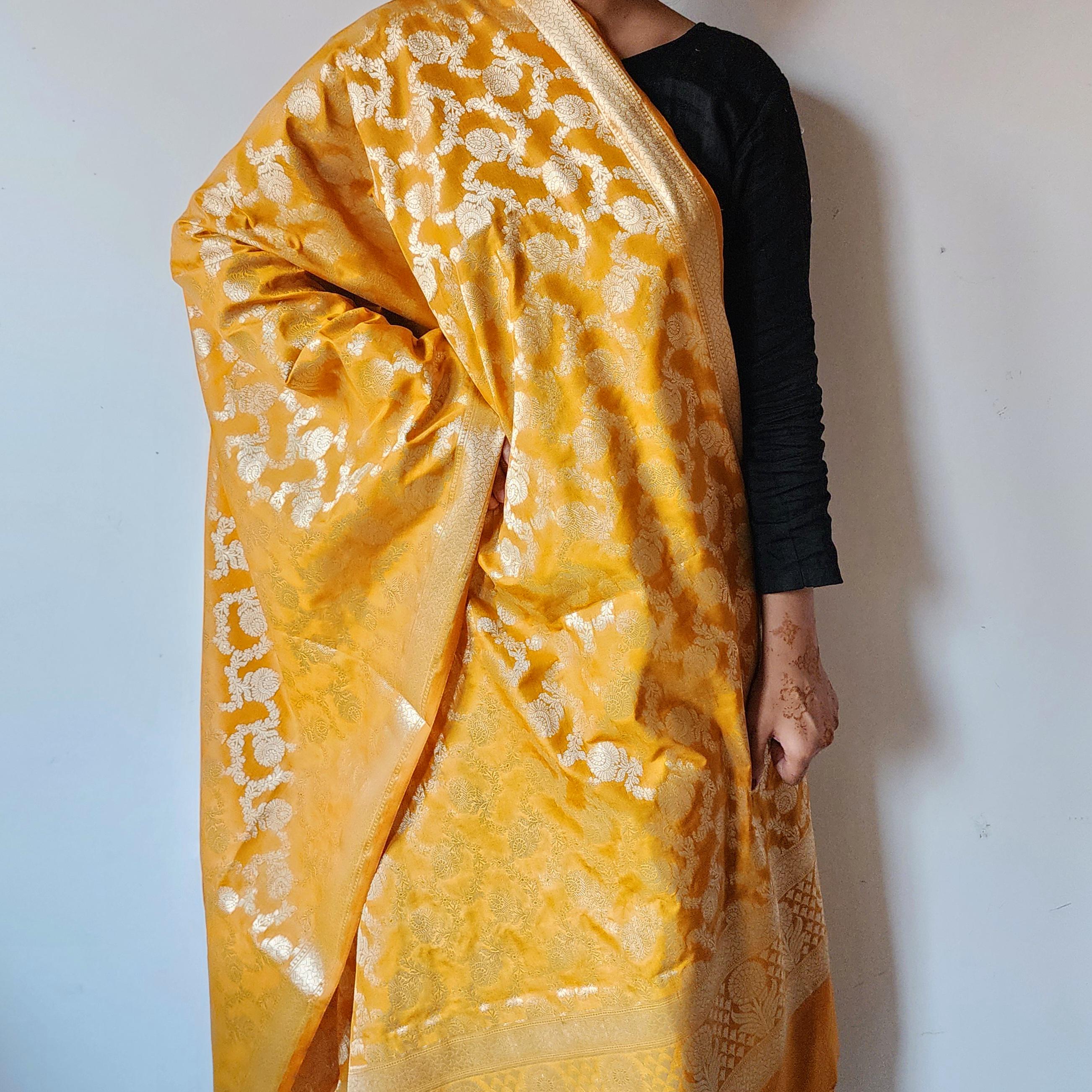 Mustard Yellow Floral Jaal Dupatta with Mughal-Inspired Zari Border