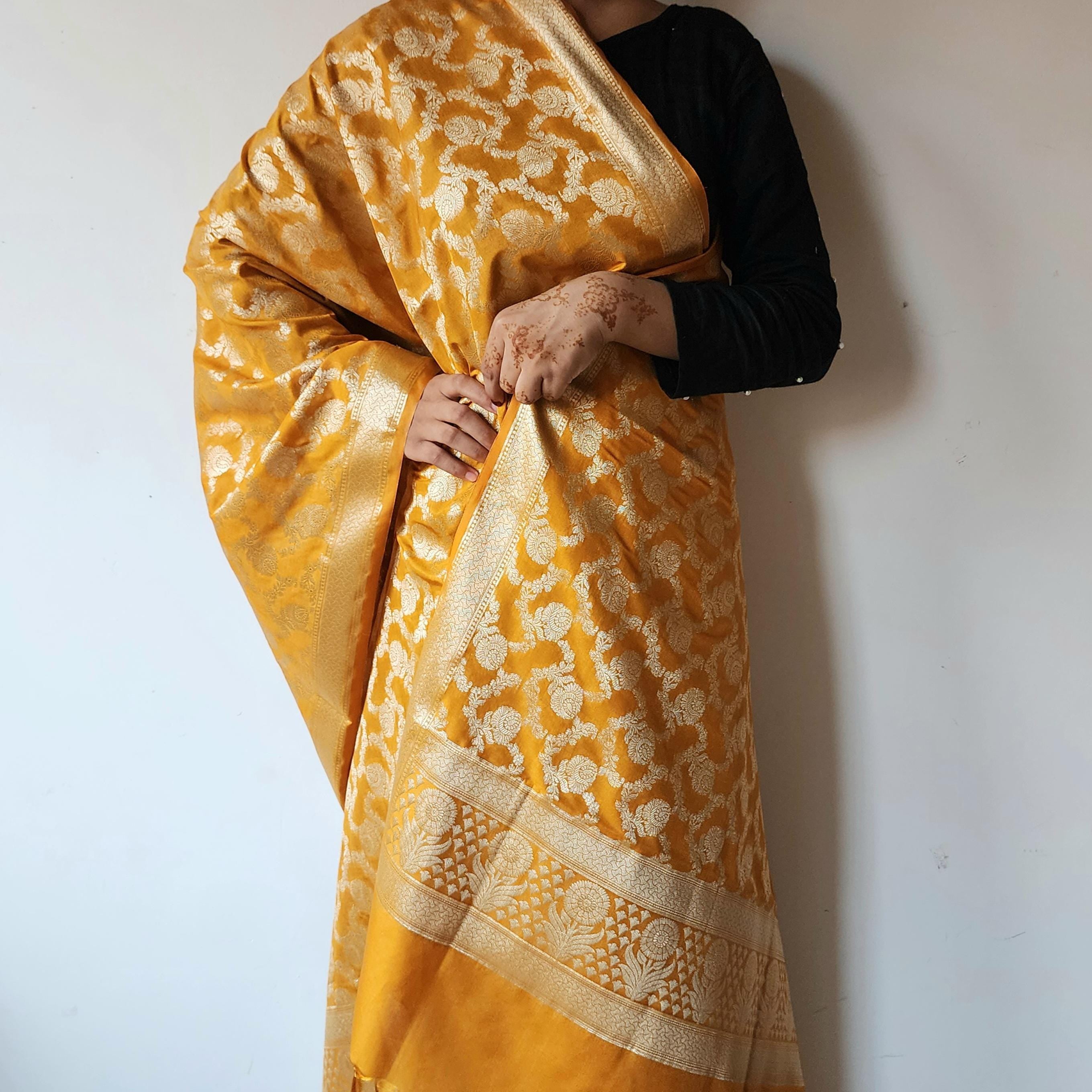 Mustard Yellow Floral Jaal Dupatta with Mughal-Inspired Zari Border