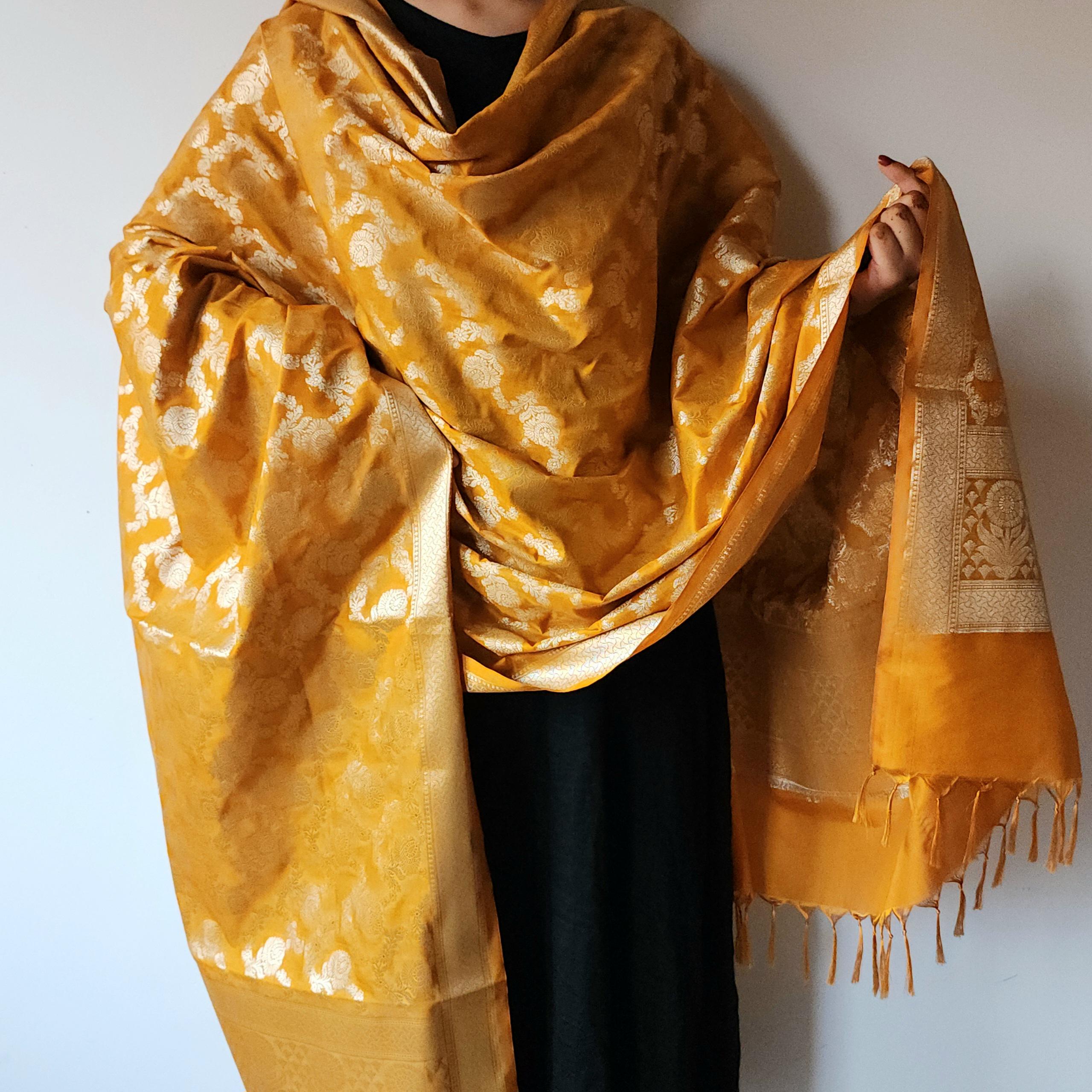 Mustard Yellow Floral Jaal Dupatta with Mughal-Inspired Zari Border