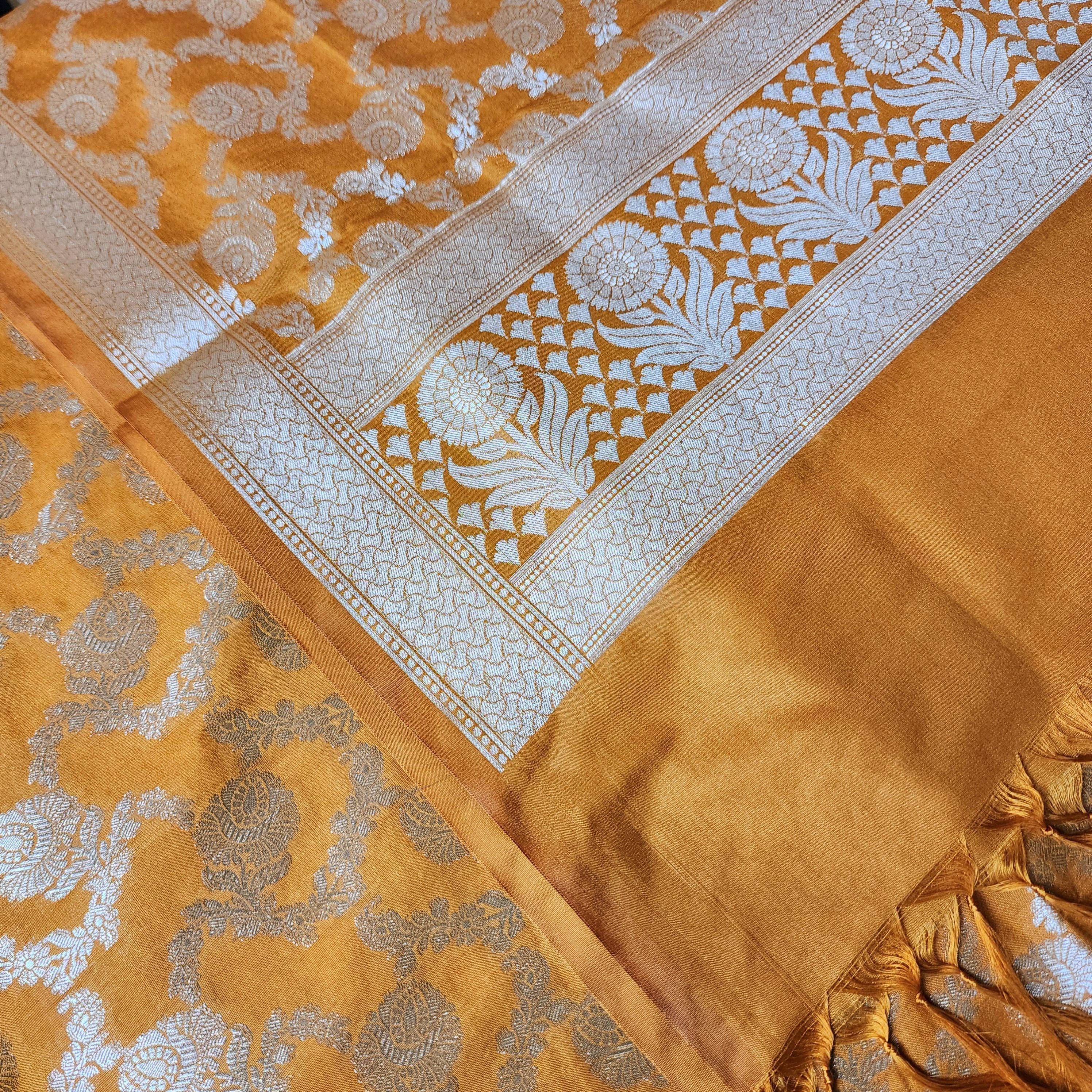 Mustard Yellow Floral Jaal Dupatta with Mughal-Inspired Zari Border