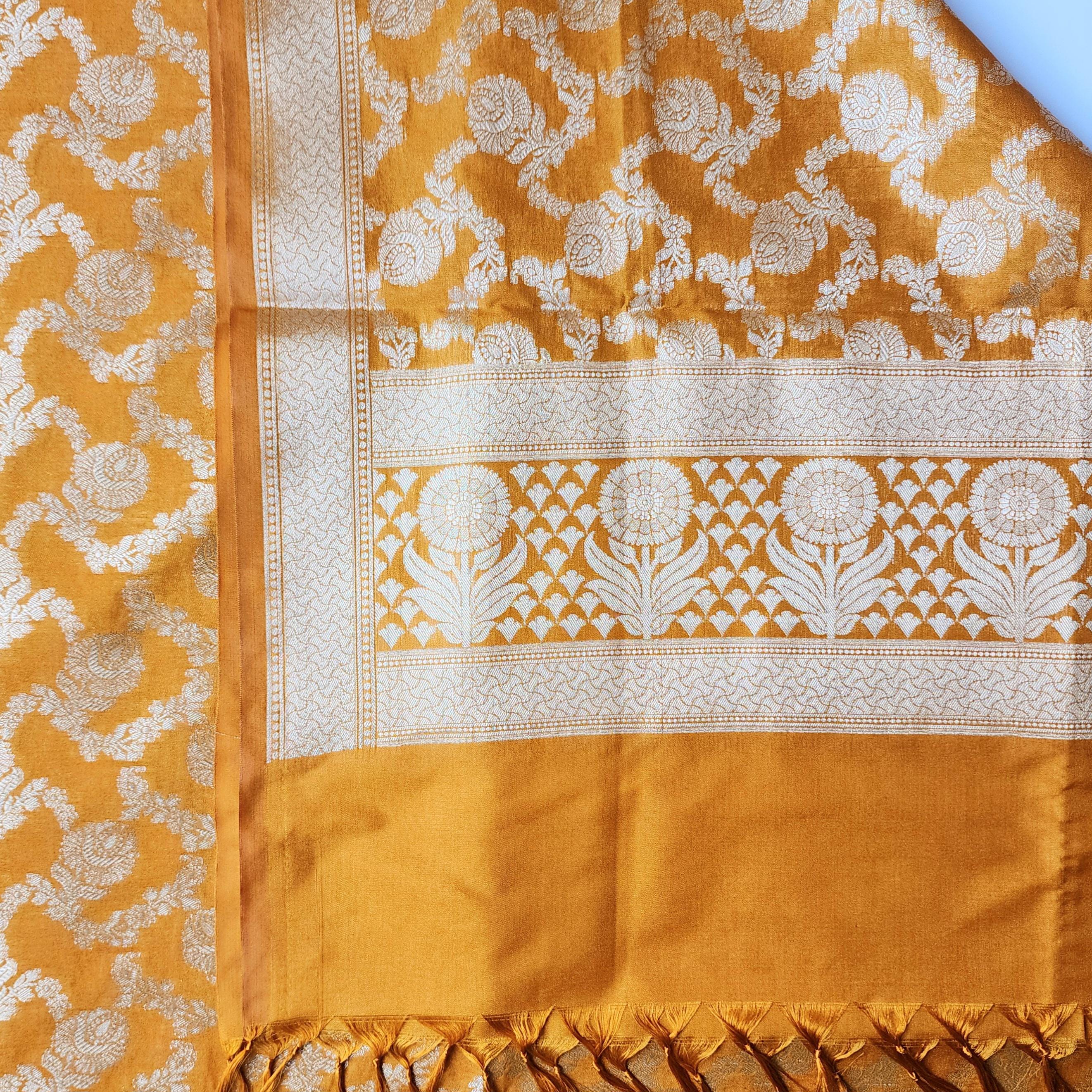 Mustard Yellow Floral Jaal Dupatta with Mughal-Inspired Zari Border