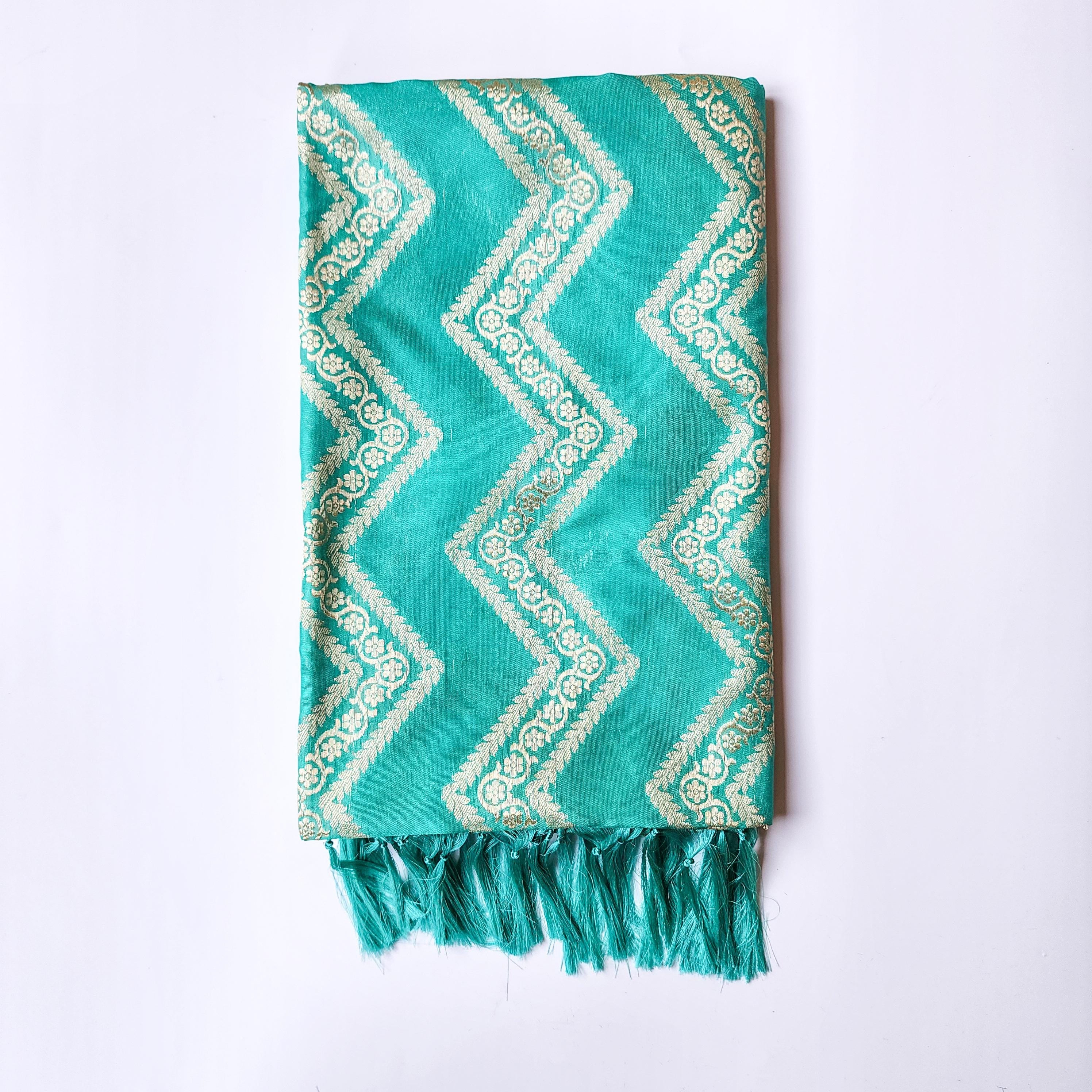 Teal Blue Banarasi Dupatta with gold zigzag pattern