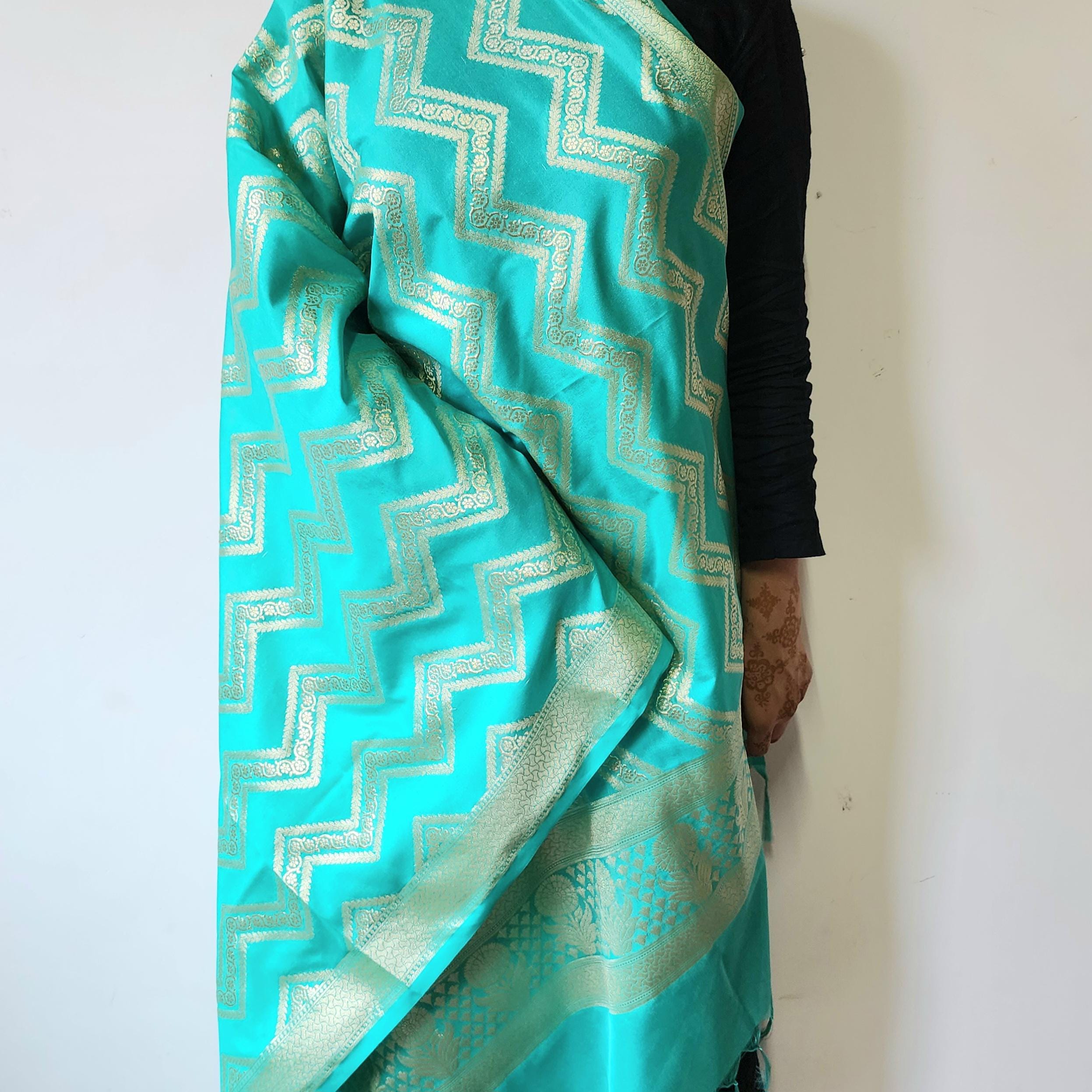 Teal Blue Banarasi Dupatta with gold zigzag pattern