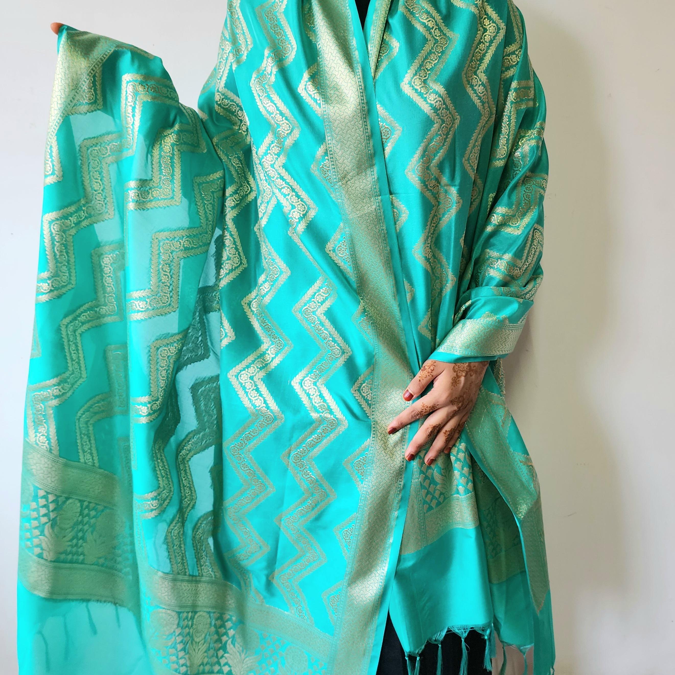 Teal Blue Banarasi Dupatta with gold zigzag pattern