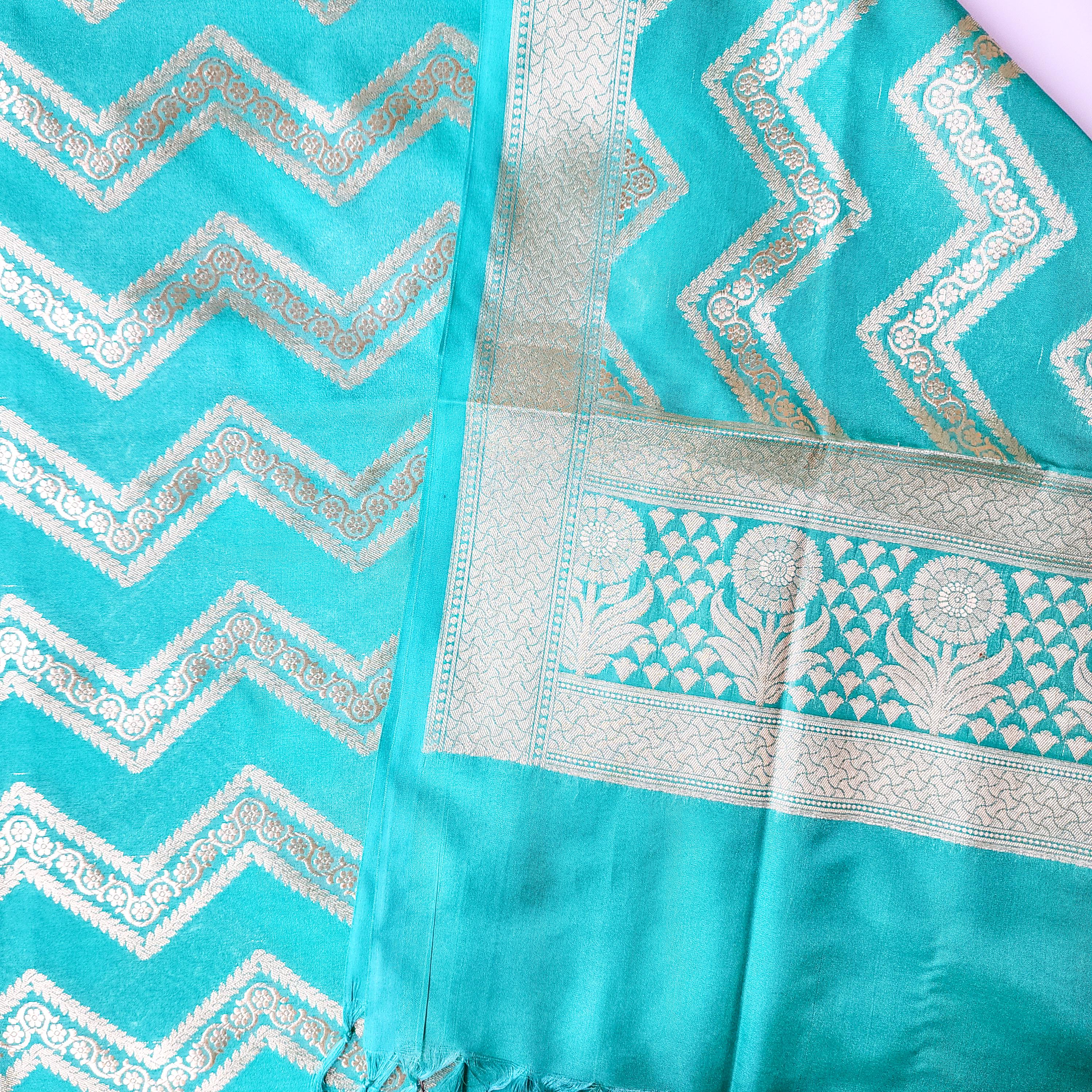 Teal Blue Banarasi Dupatta with gold zigzag pattern