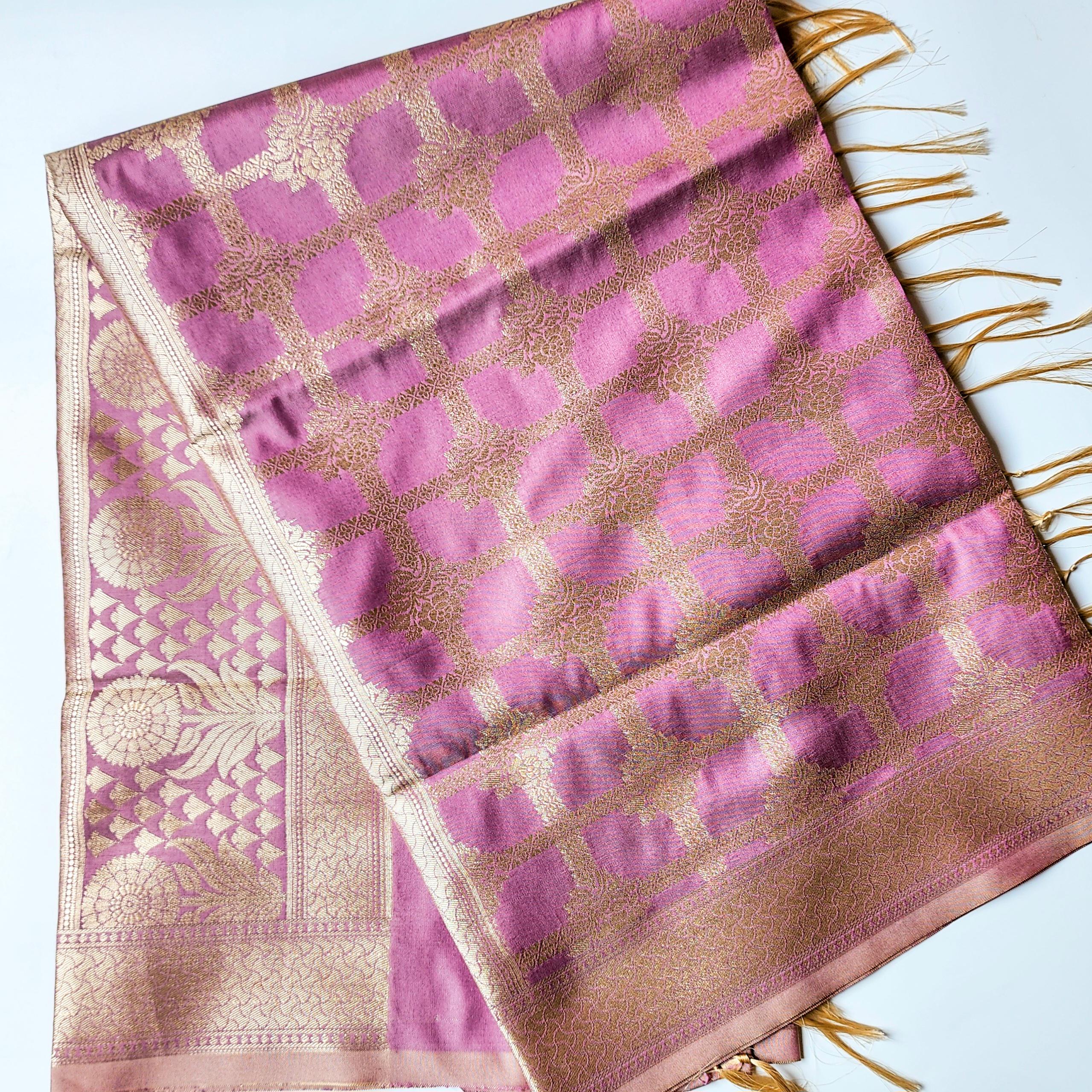 Rose Pink Banarasi Dupatta Zari Grid Pattern, Elegant & Feminine