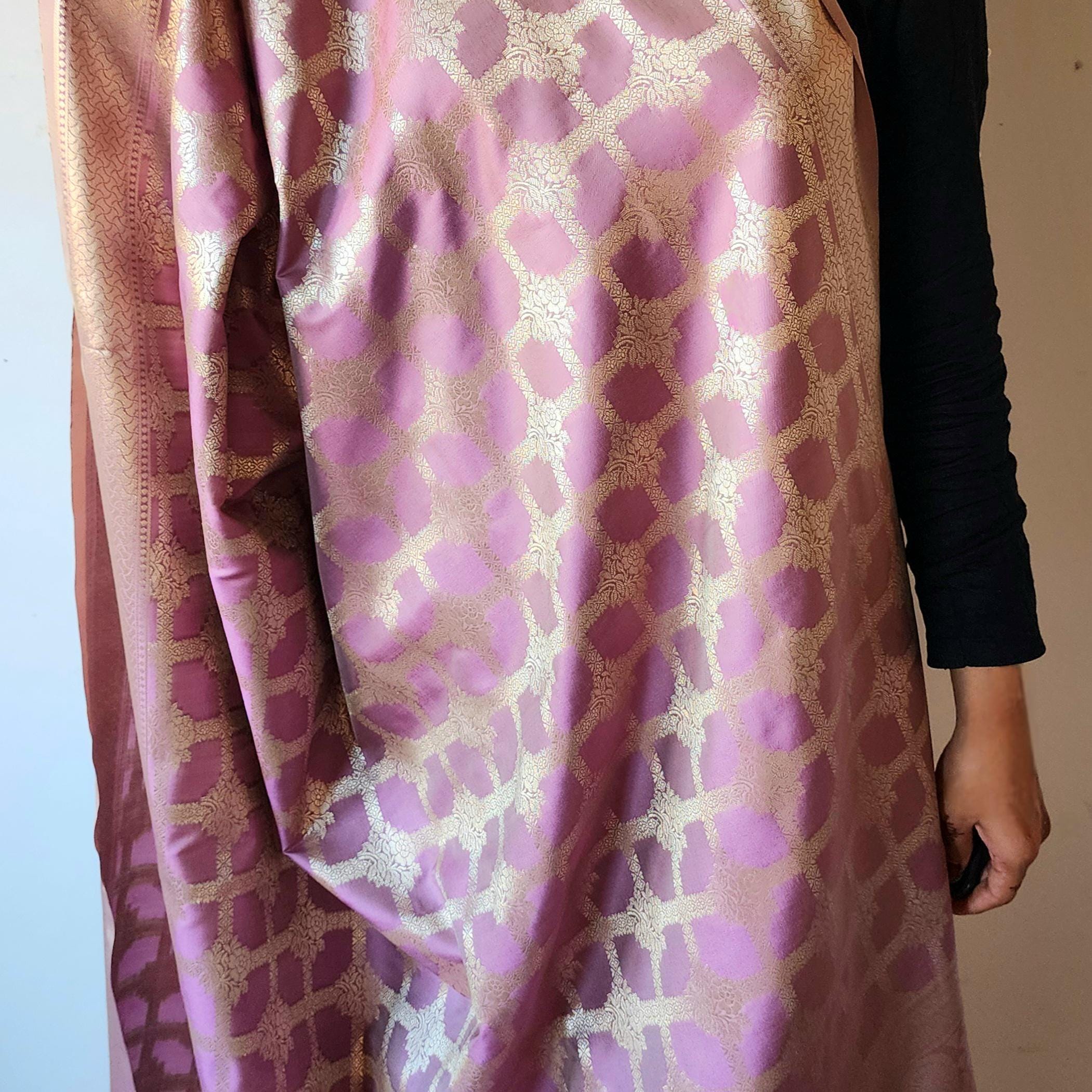 Rose Pink Banarasi Dupatta Zari Grid Pattern, Elegant & Feminine
