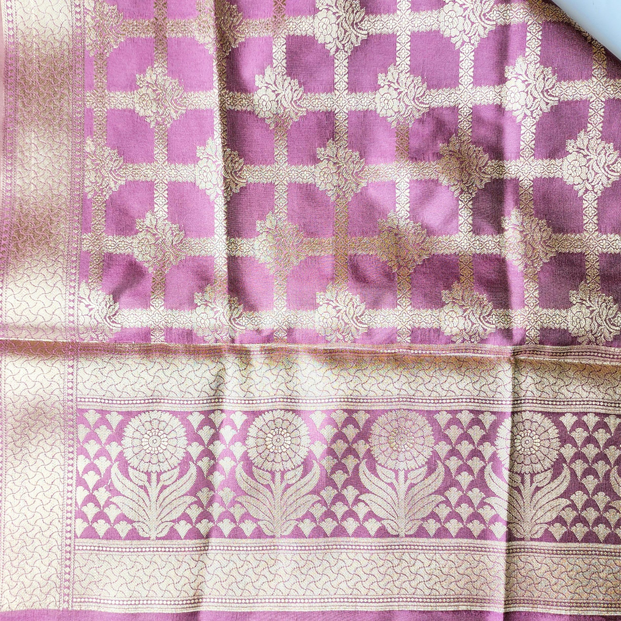 Rose Pink Banarasi Dupatta - Golden Lattice Weave
