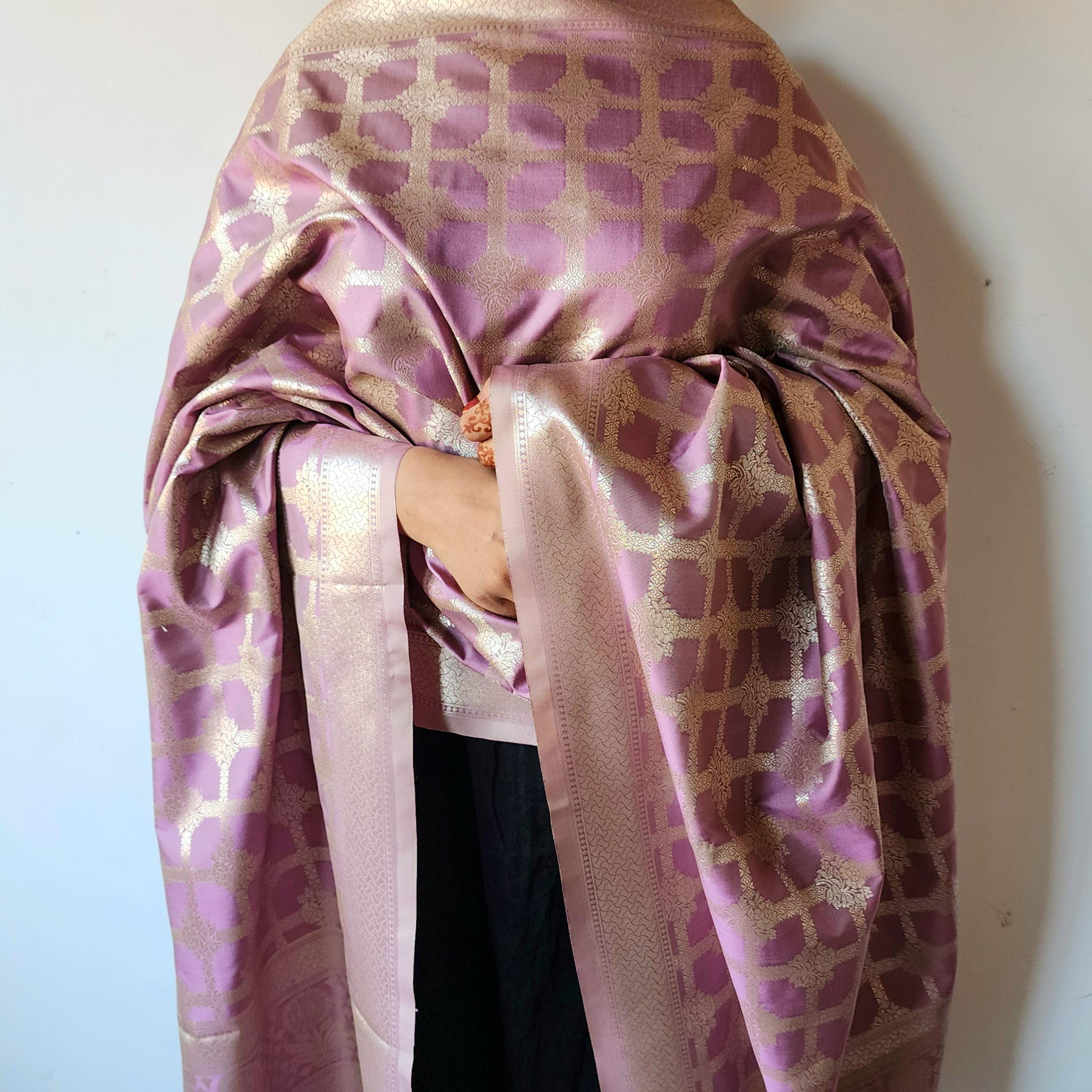 Rose Pink Banarasi Dupatta Zari Grid Pattern, Elegant & Feminine