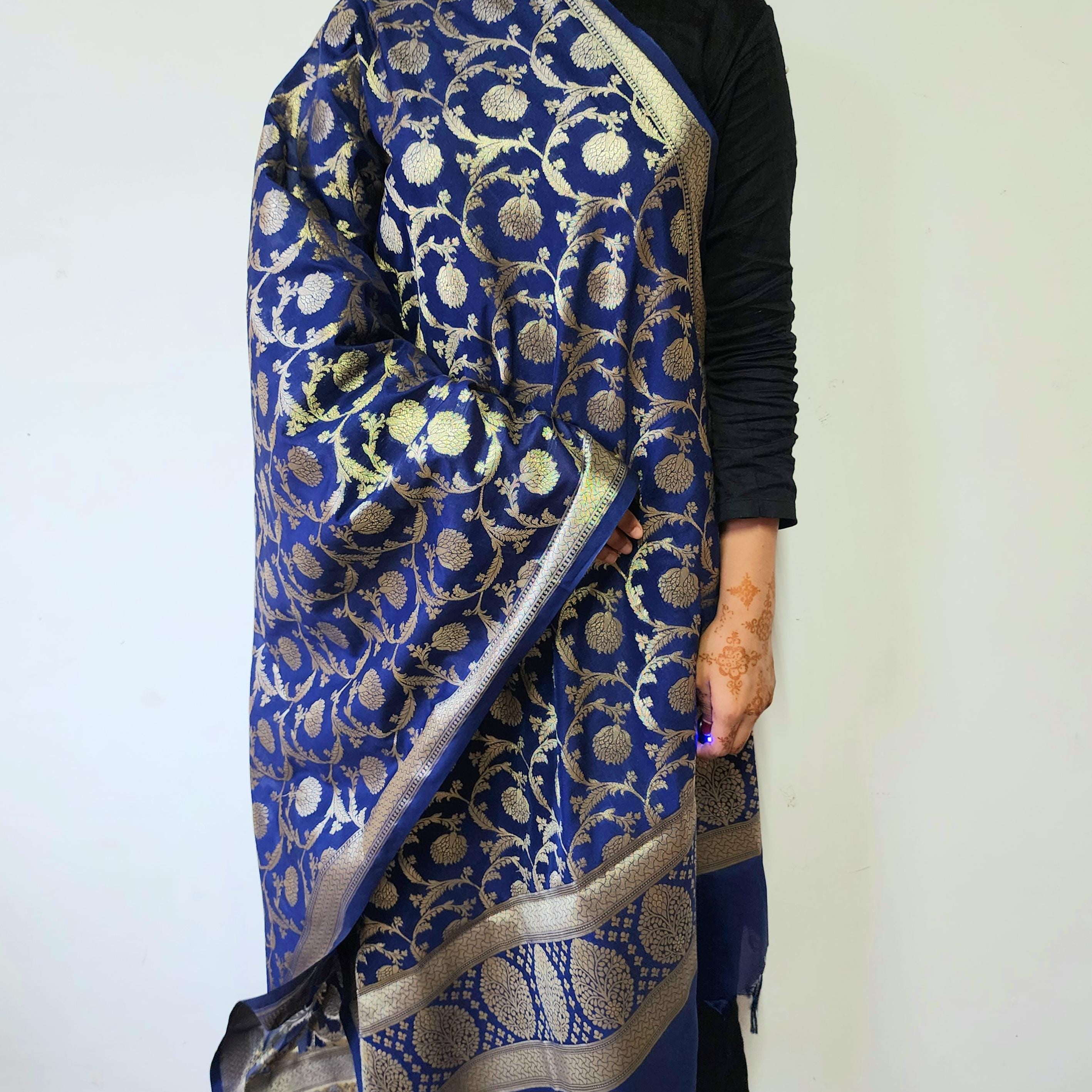 Regal Royal Blue Banarasi Dupatta Intricate Floral Design, Heritage Statement Piece