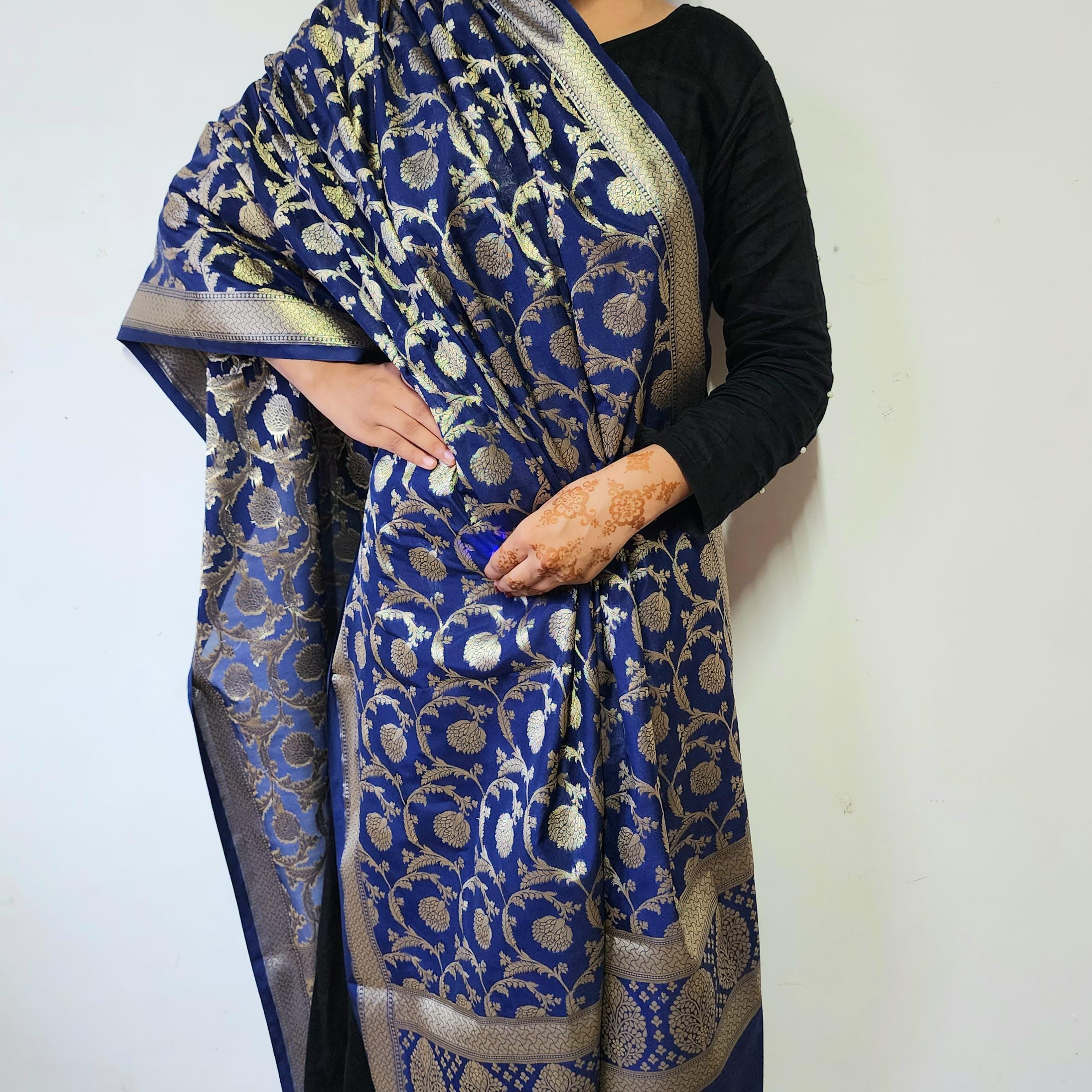 Regal Royal Blue Banarasi Dupatta Intricate Floral Design, Heritage Statement Piece