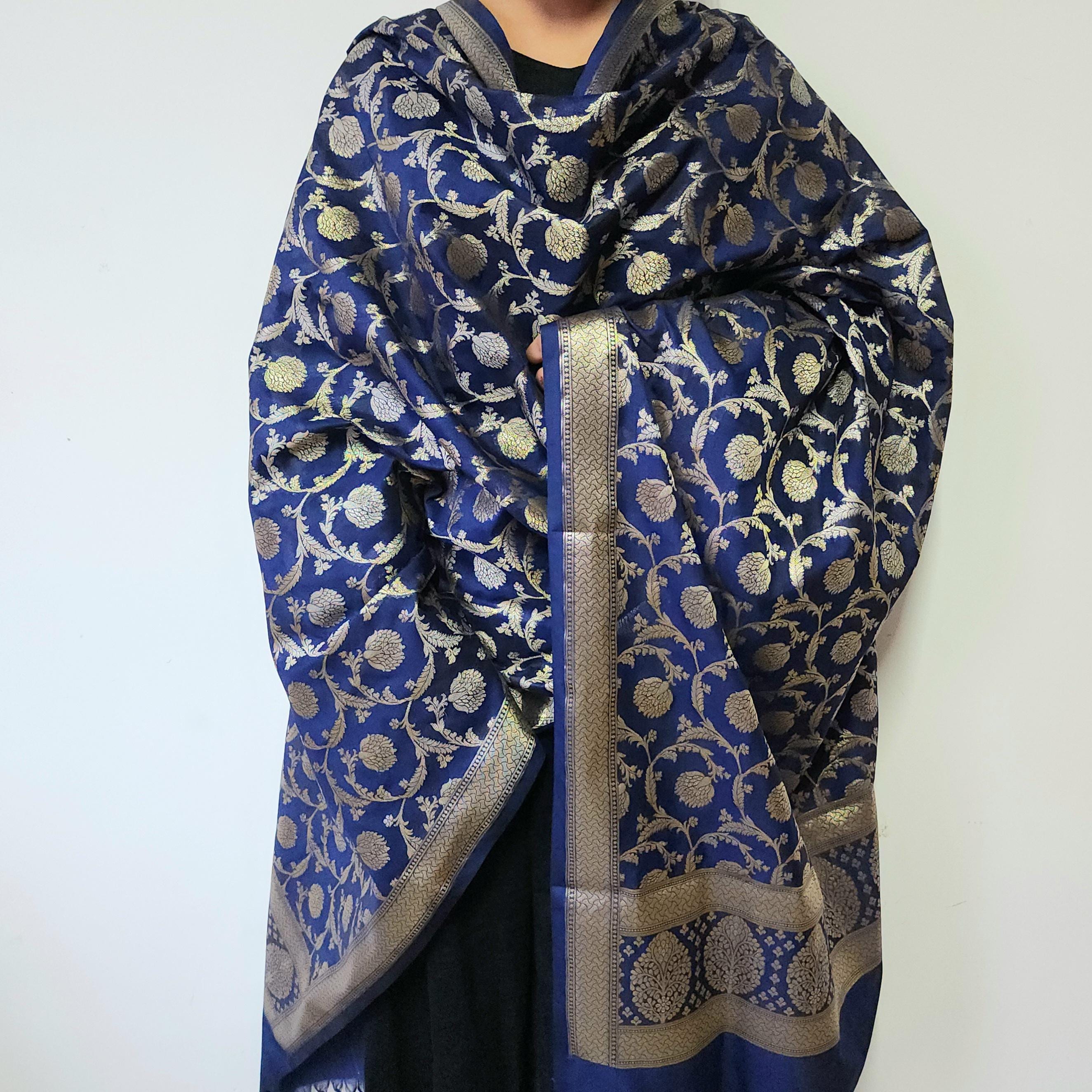 Regal Royal Blue Banarasi Dupatta Intricate Floral Design, Heritage Statement Piece