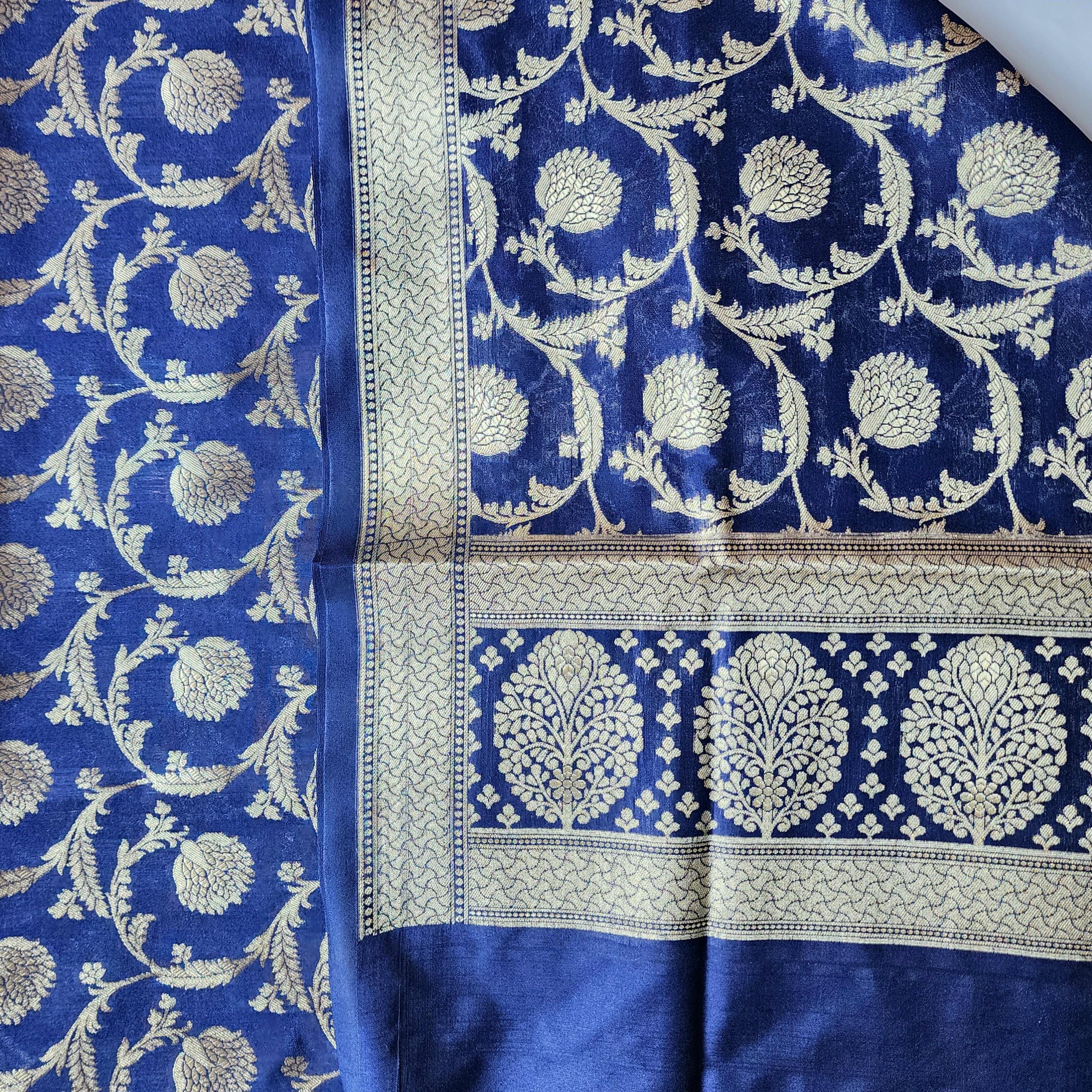 Regal Royal Blue Banarasi Dupatta Intricate Floral Design, Heritage Statement Piece
