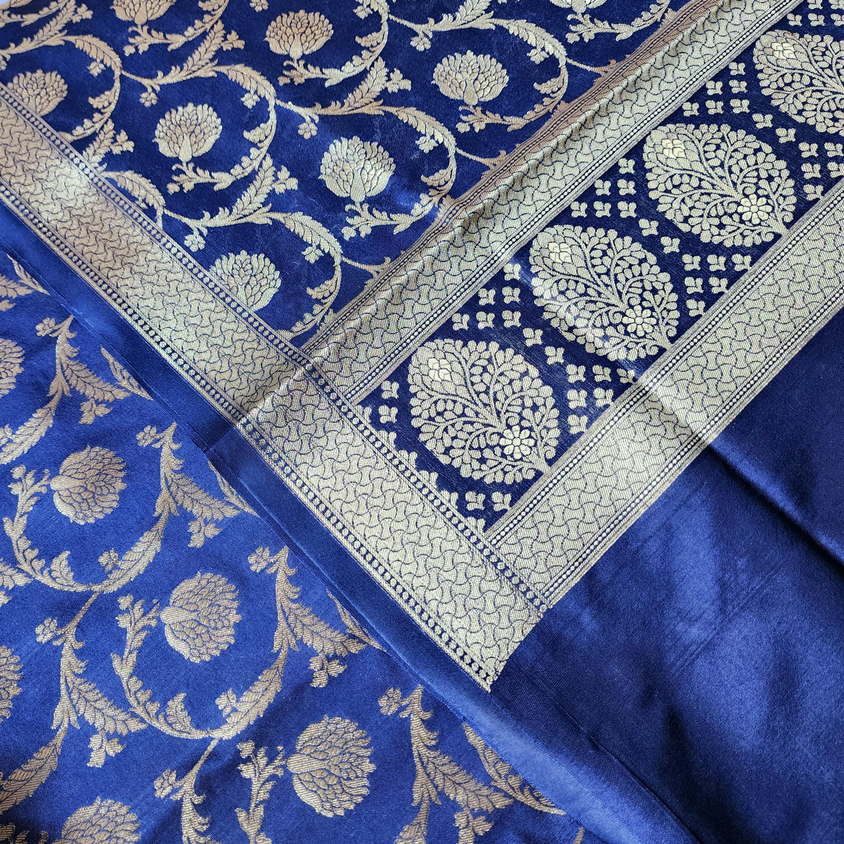 Regal Royal Blue Banarasi Dupatta Intricate Floral Design, Heritage Statement Piece