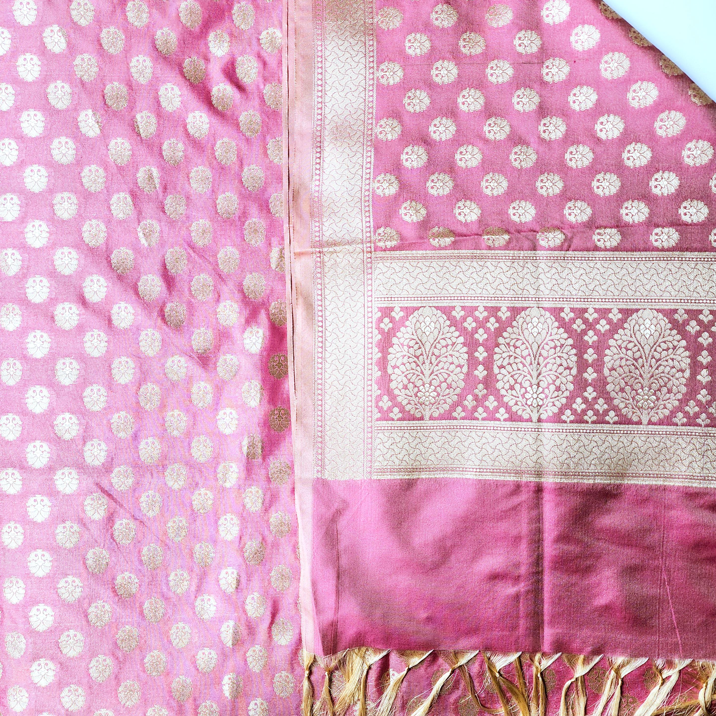 Rose Pink Banarasi Dupatta Golden Butti Weave, Sweet Pastel Perfection