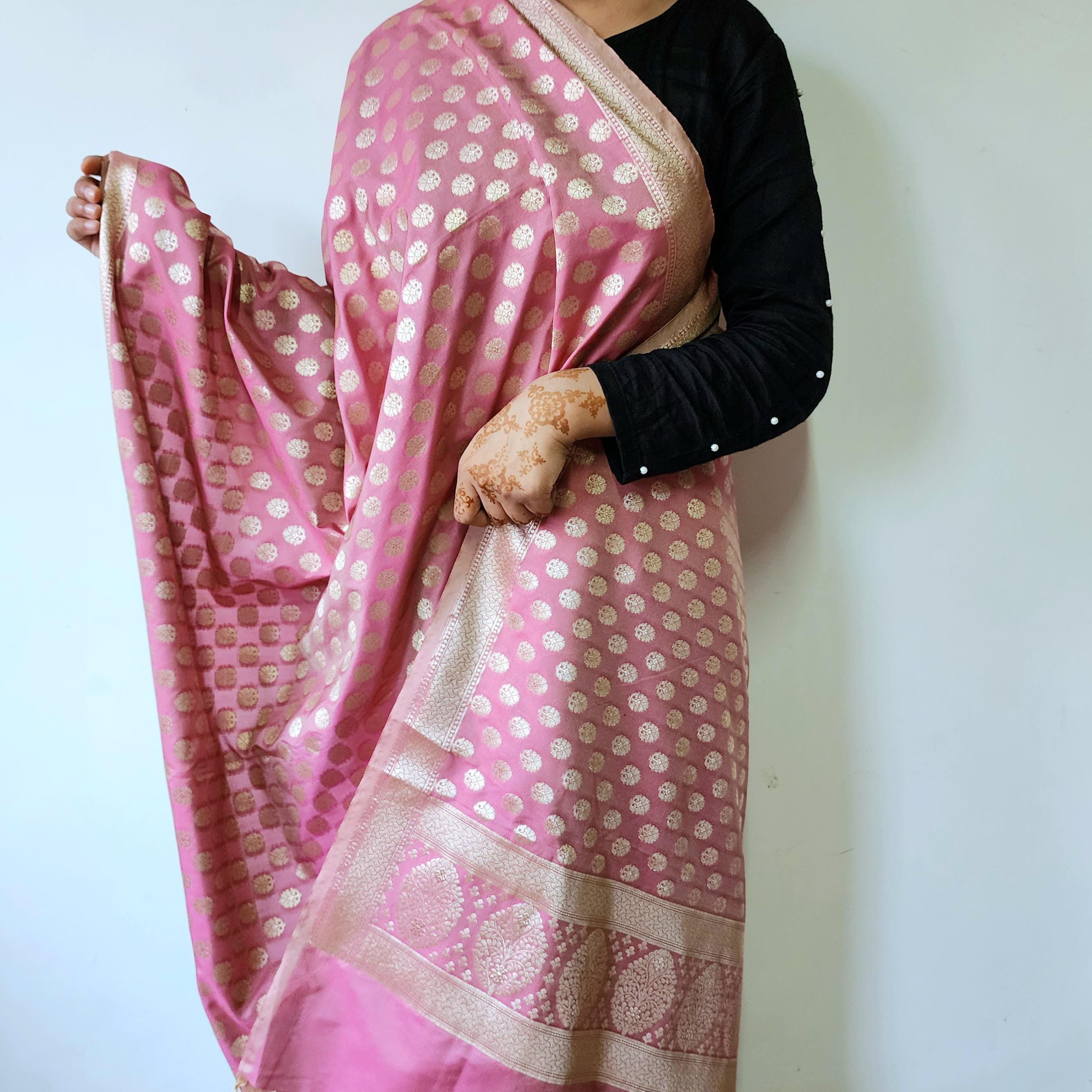 Rose Pink Banarasi Dupatta Golden Butti Weave, Sweet Pastel Perfection