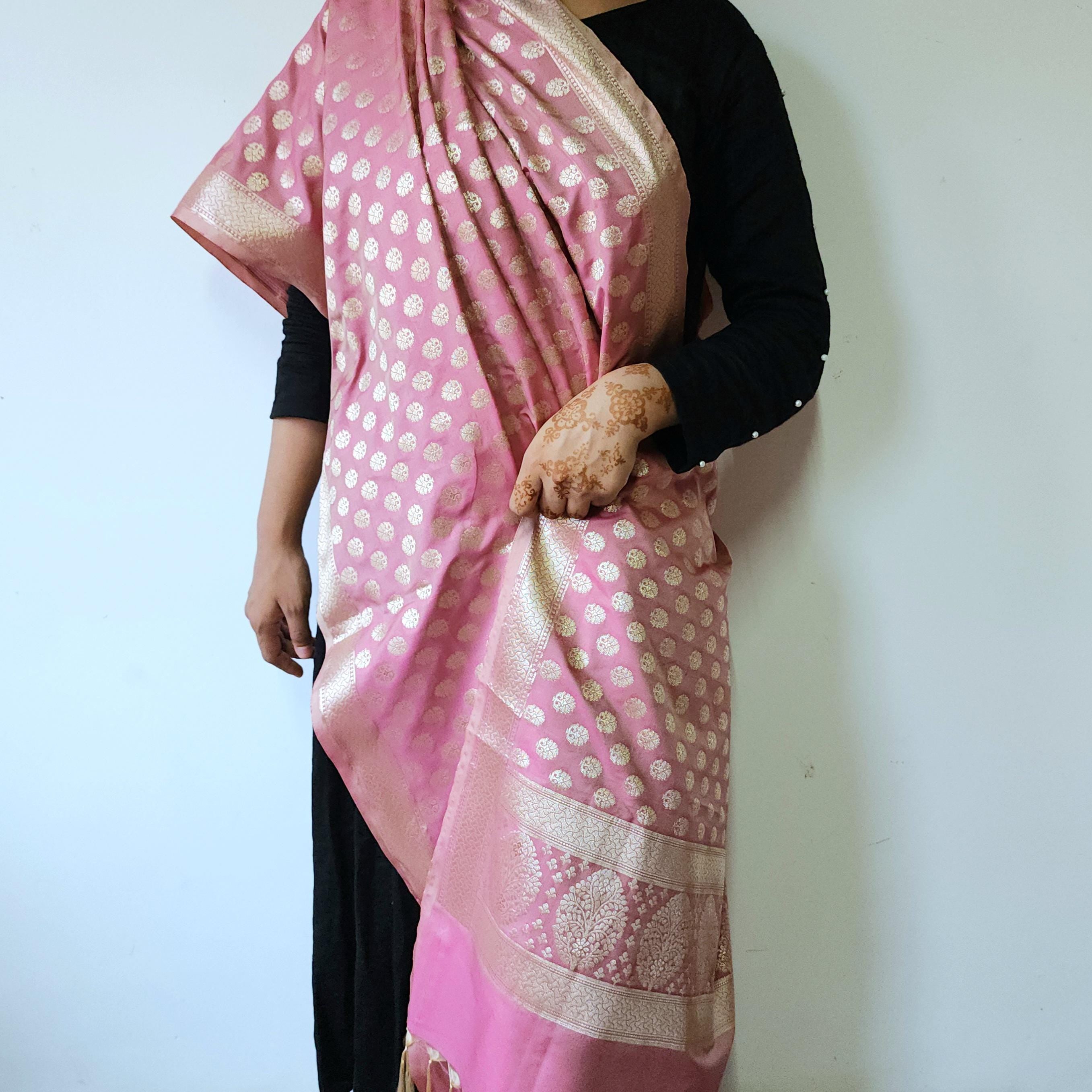 Rose Pink Banarasi Dupatta Golden Butti Weave, Sweet Pastel Perfection