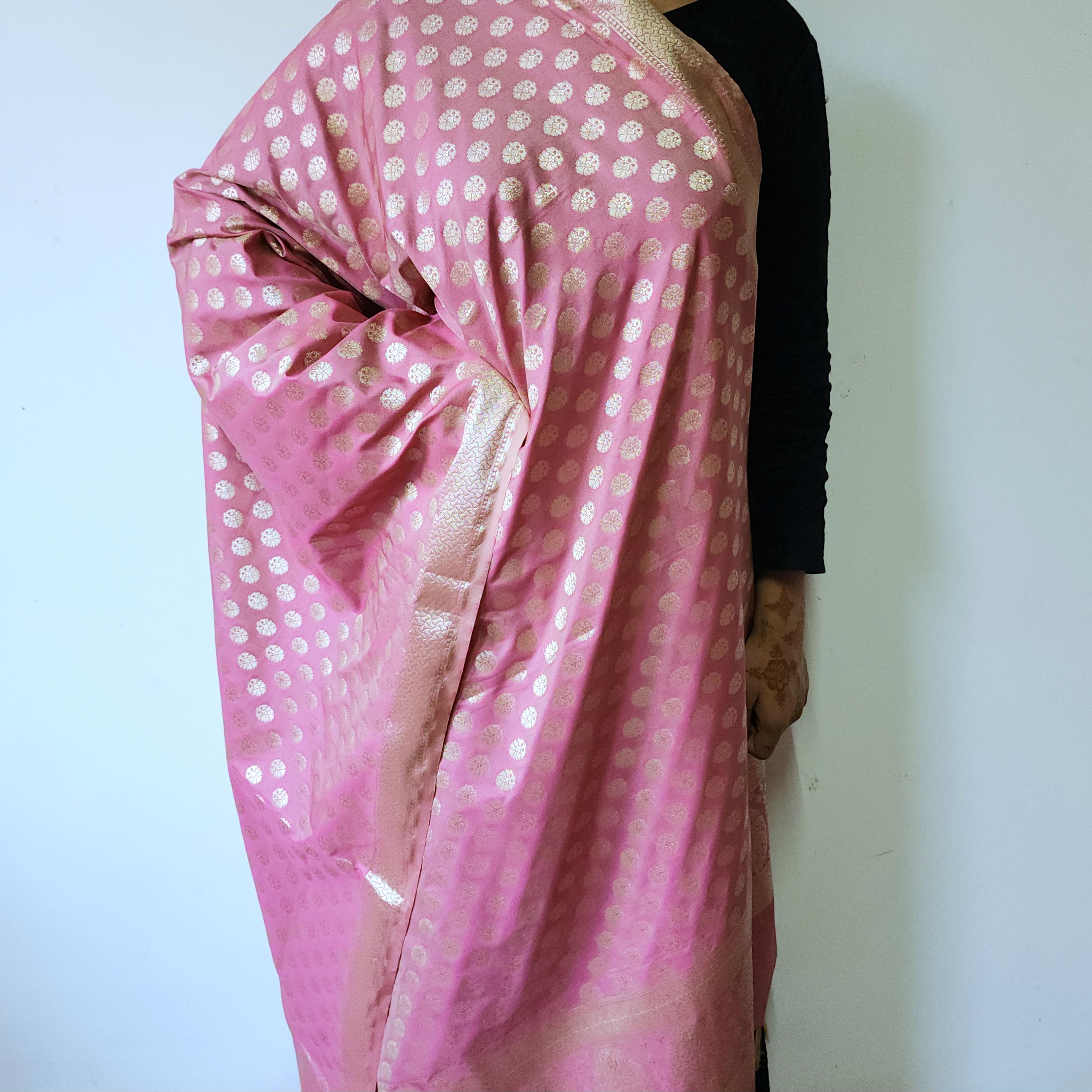 Rose Pink Banarasi Dupatta Golden Butti Weave, Sweet Pastel Perfection
