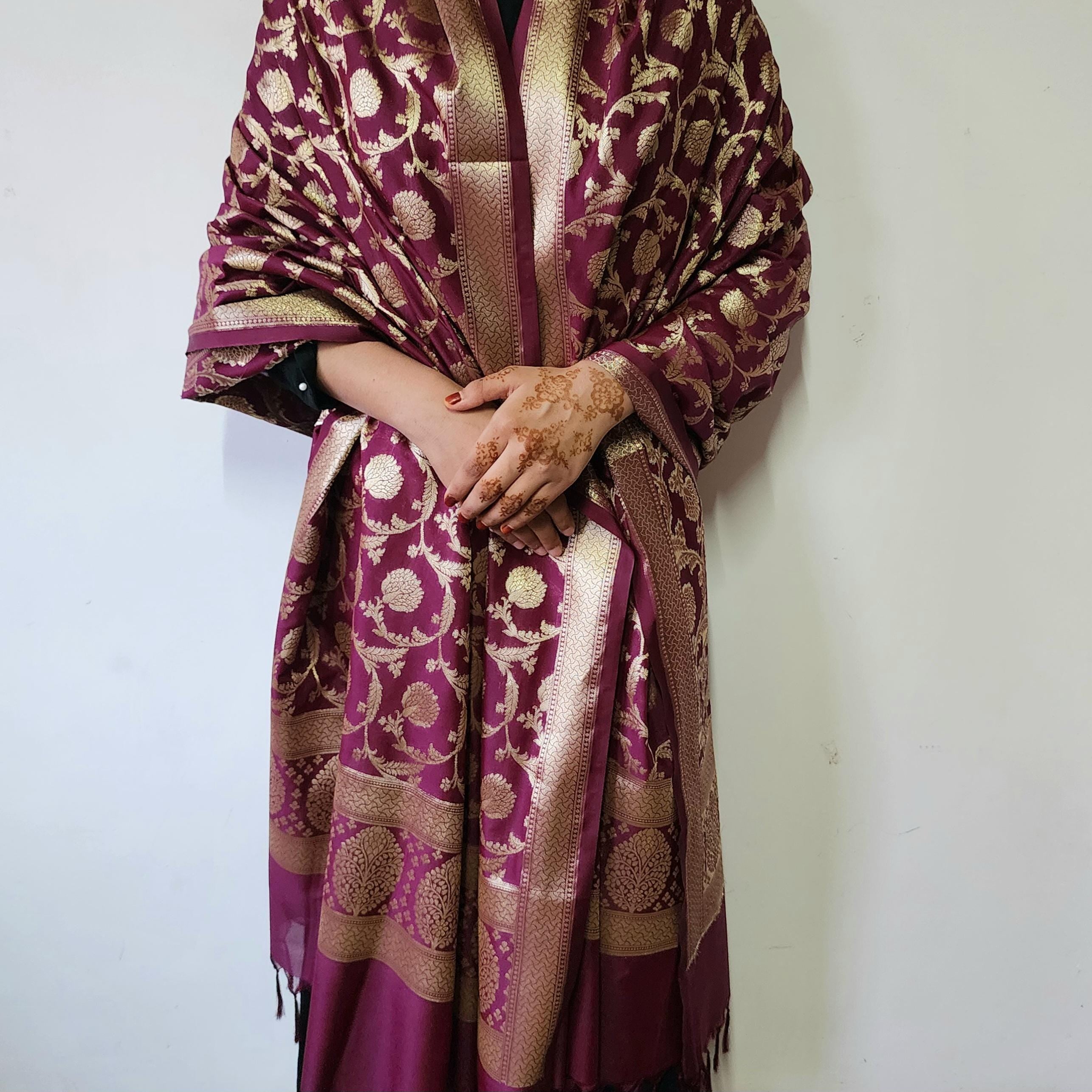 Royal Wine Banarasi Dupatta - Zari Blossom Motifs