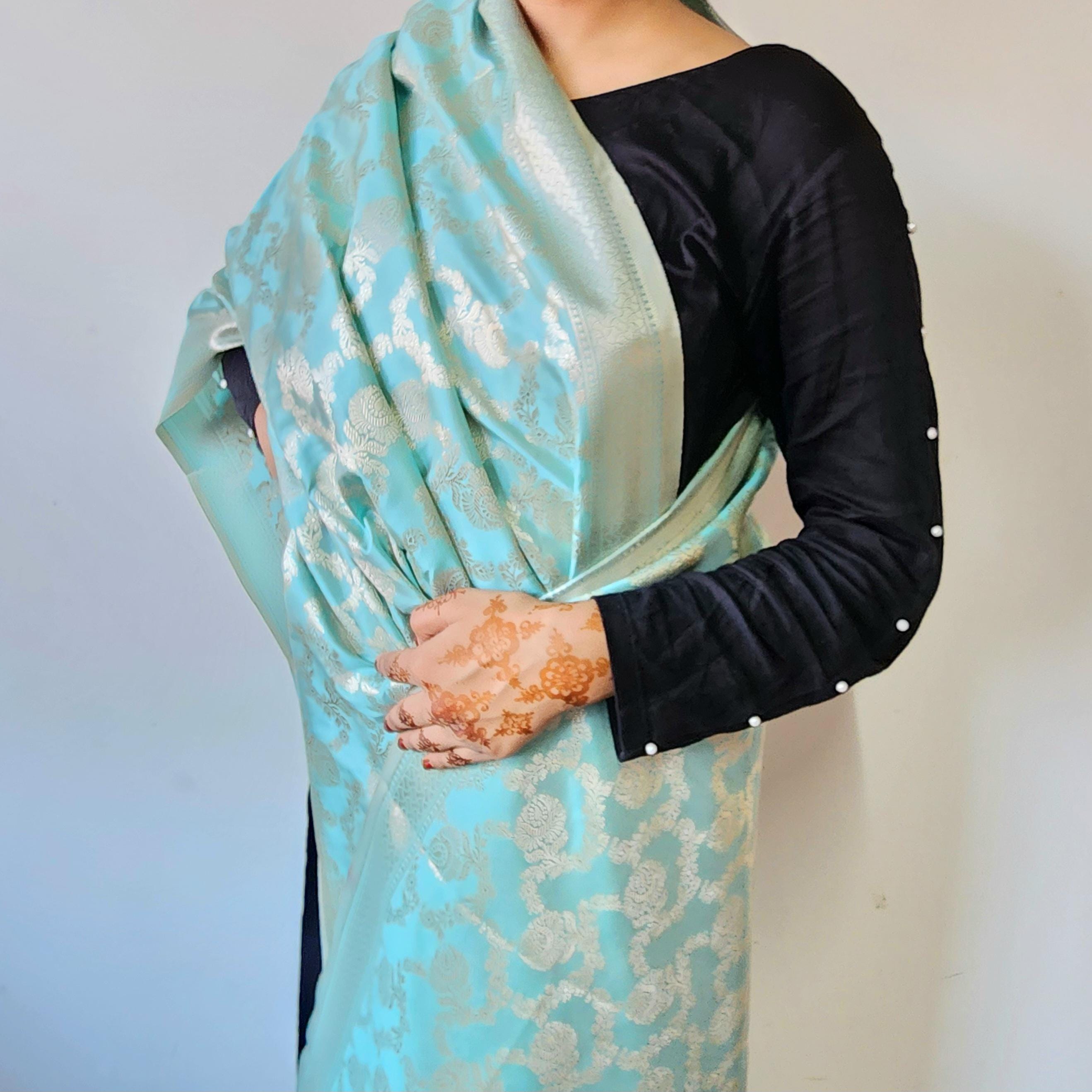 Serene Sky Blue Banarasi Dupatta Golden Floral Weave, Breezy Festive Look