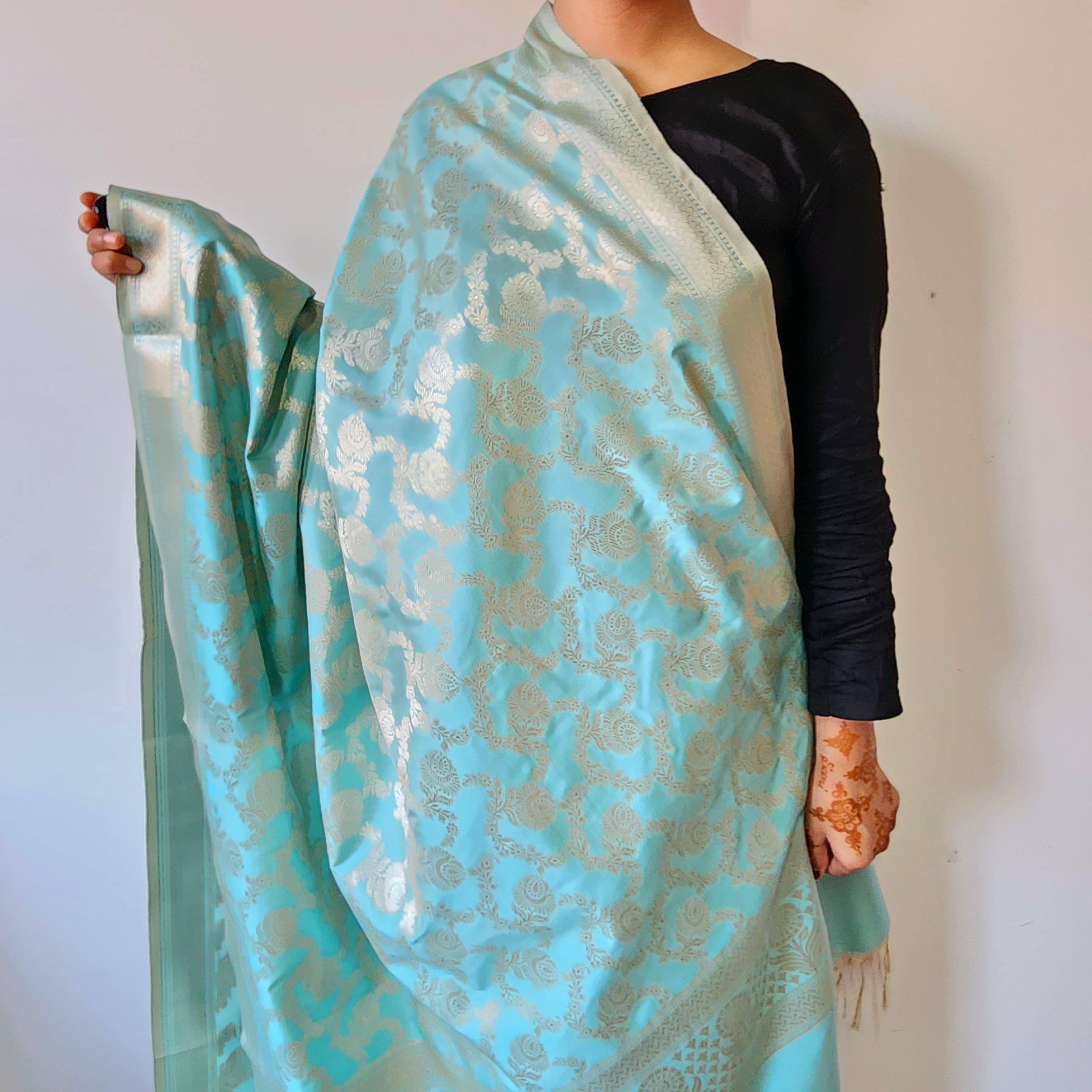 Serene Sky Blue Banarasi Dupatta Golden Floral Weave, Breezy Festive Look