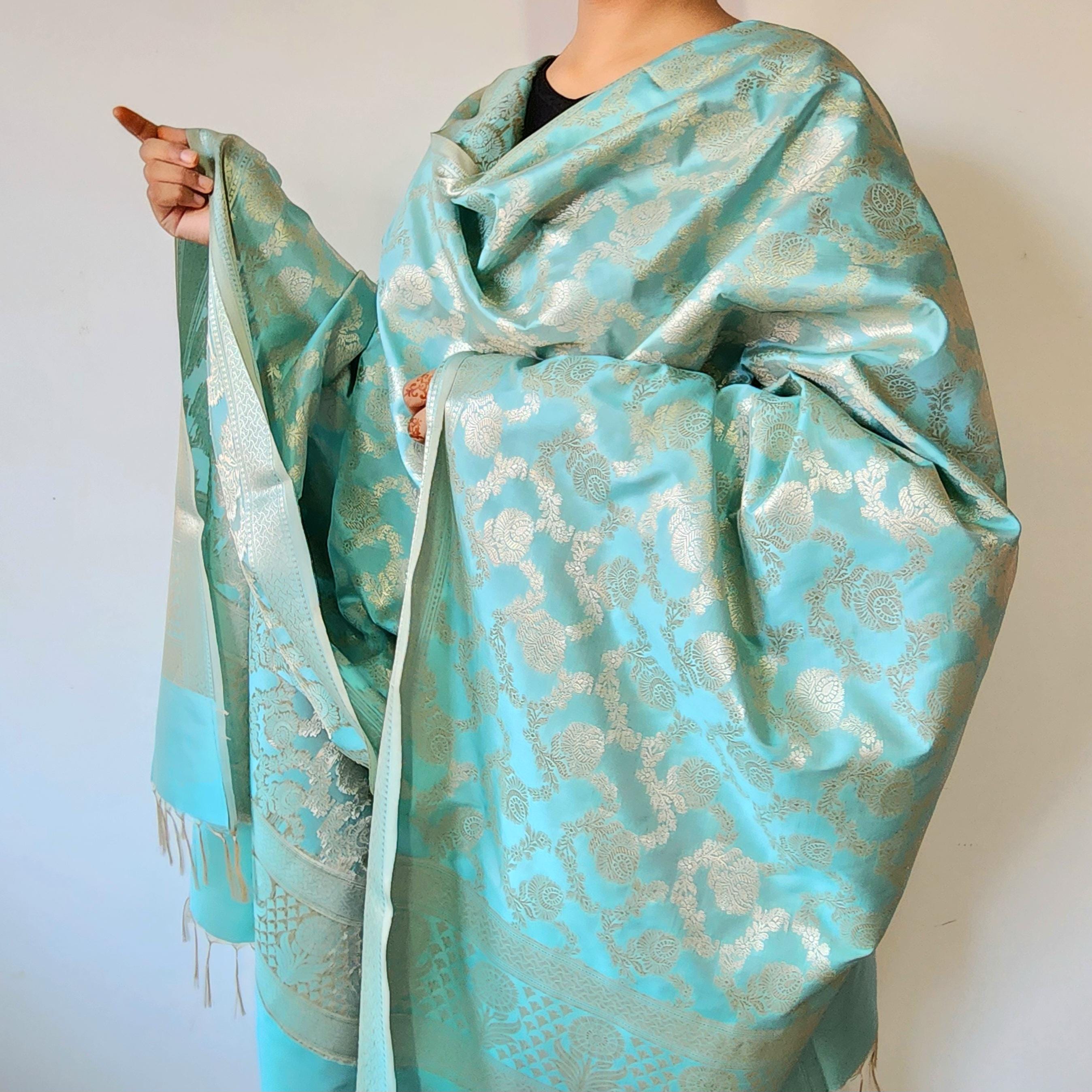 Serene Sky Blue Banarasi Dupatta Golden Floral Weave, Breezy Festive Look
