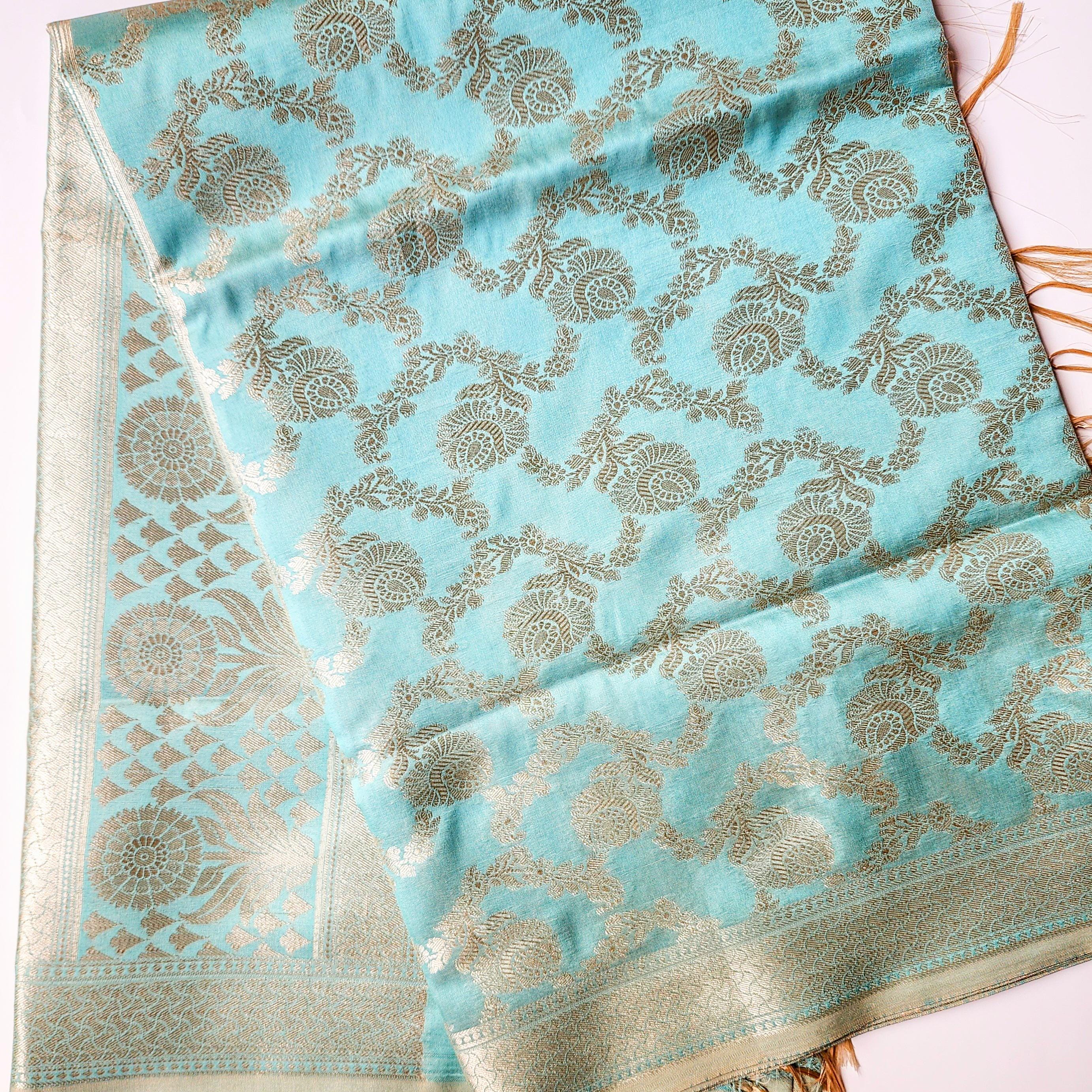 Serene Sky Blue Banarasi Dupatta Golden Floral Weave, Breezy Festive Look