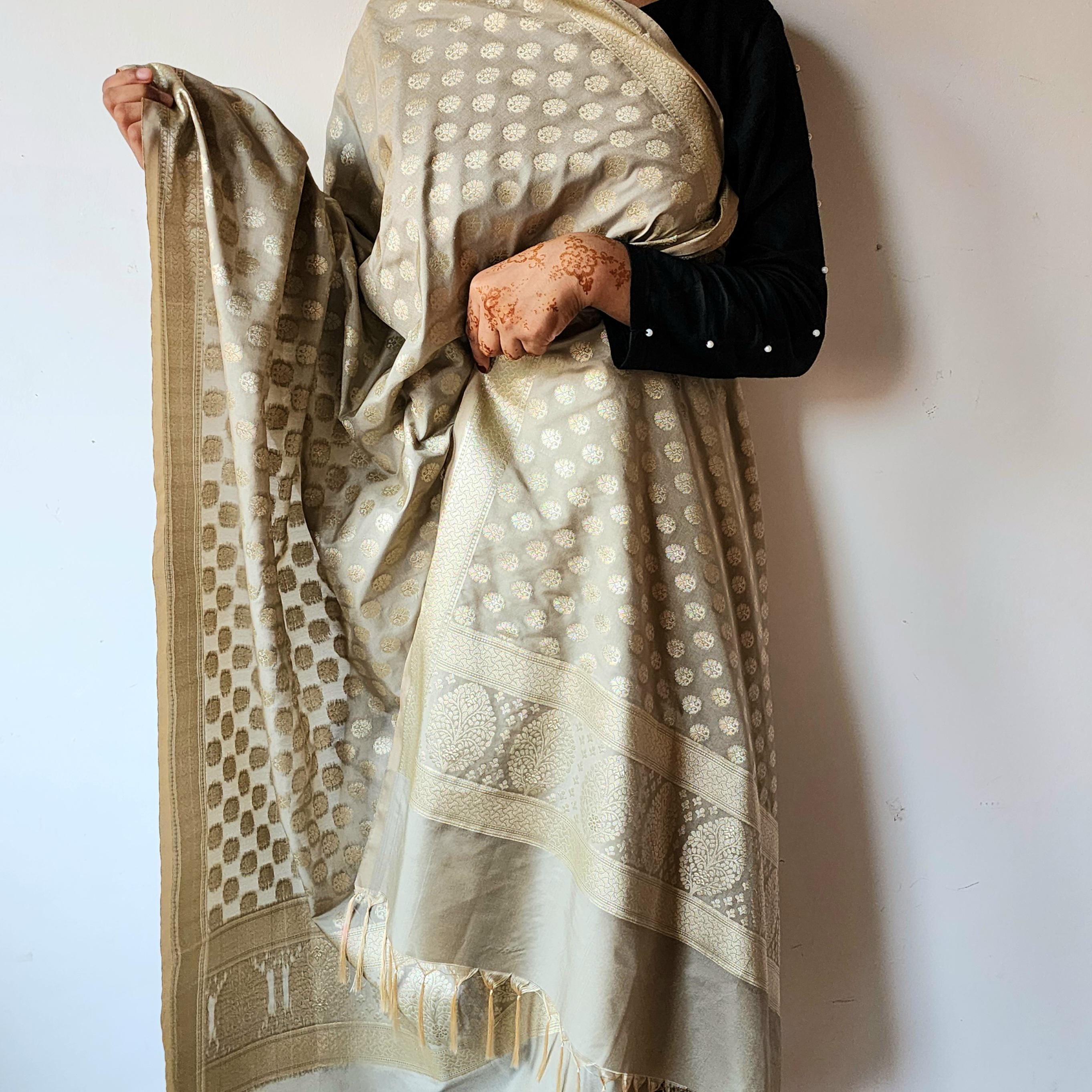 Silver Grey Banarasi Dupatta Subtle Golden Polka Buttis, Elegant Modern Look