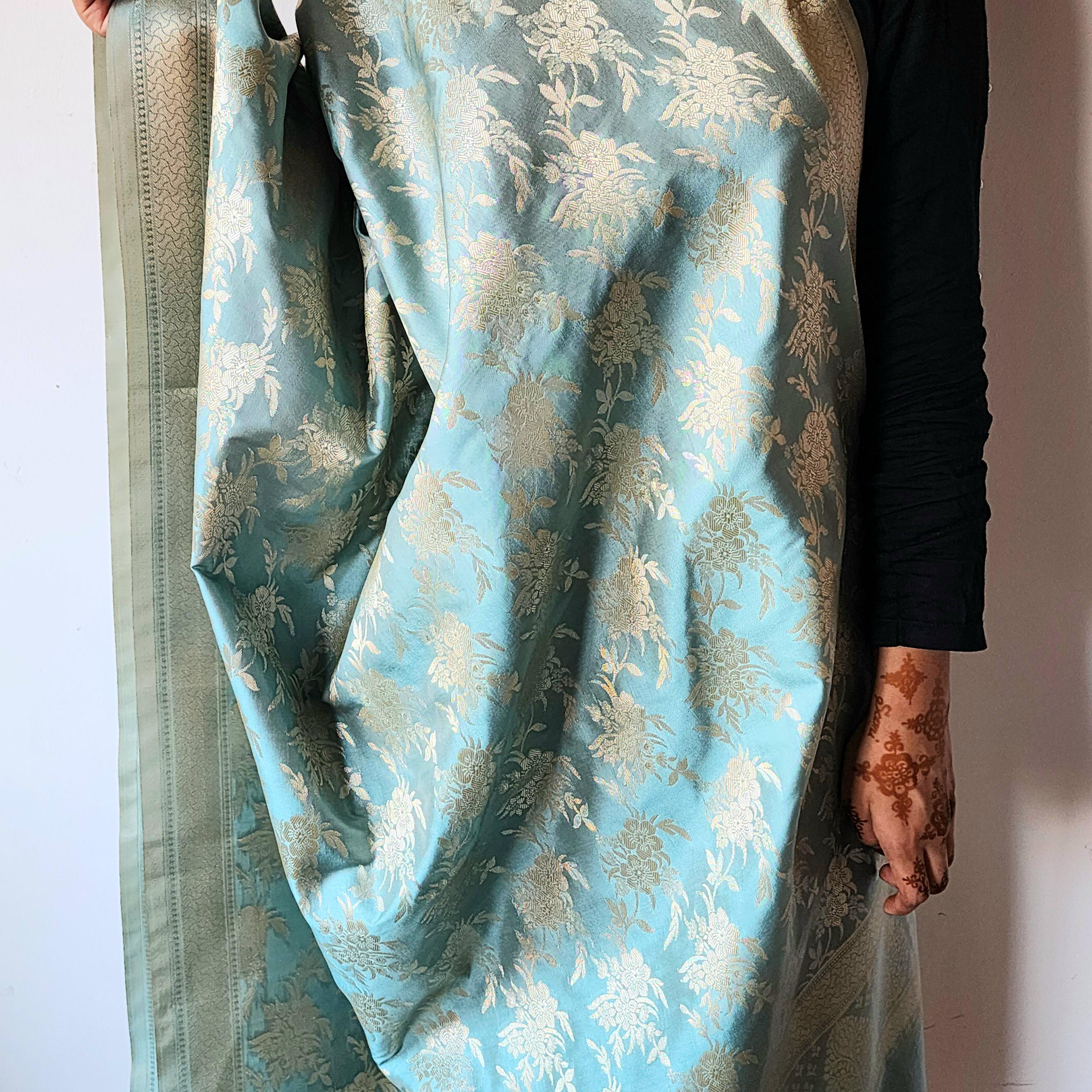 Powder Blue Banarasi Dupatta Handwoven Golden Florals, Dreamy Ethnic Look