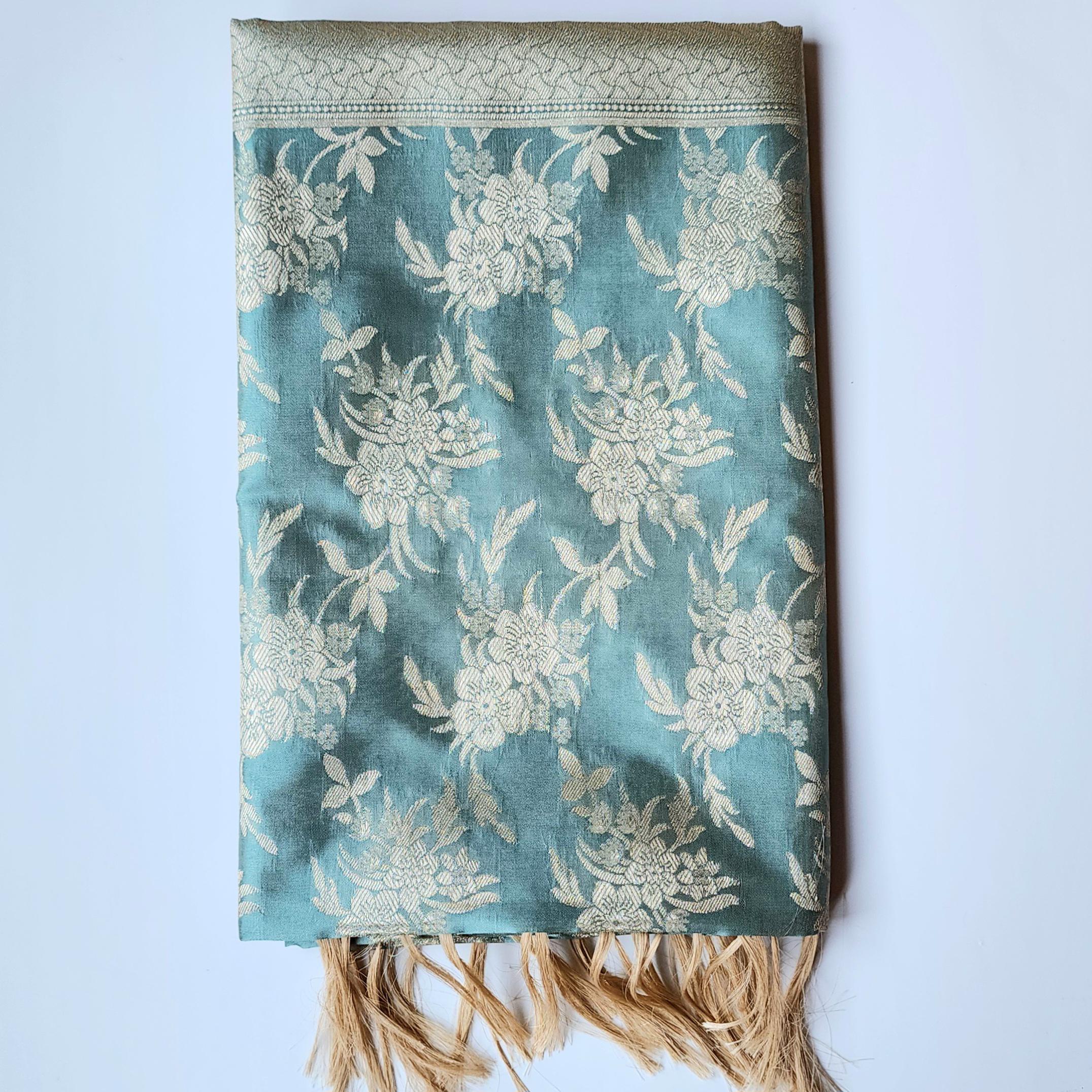 Powder Blue Banarasi Dupatta Handwoven Golden Florals, Dreamy Ethnic Look