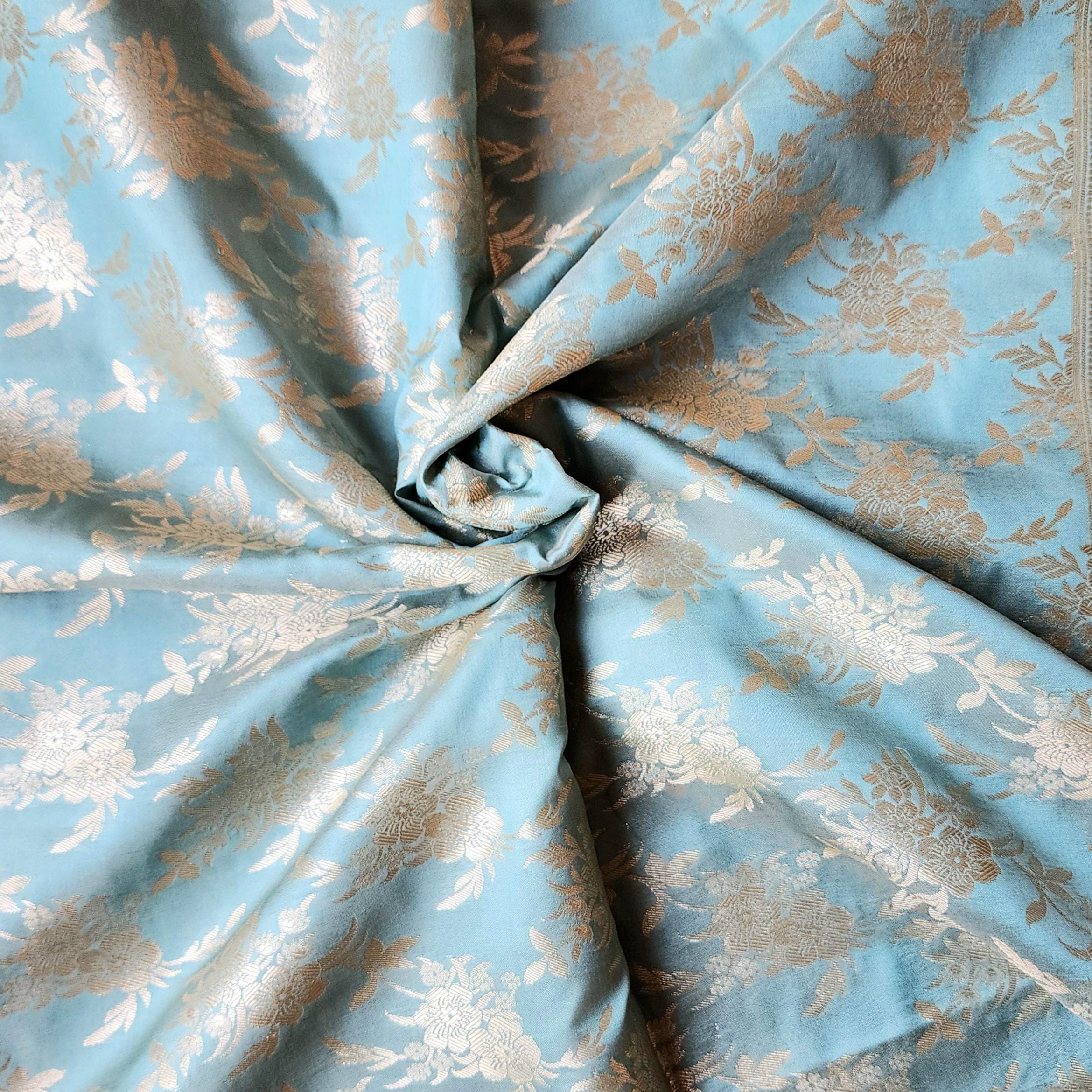 Powder Blue Banarasi Dupatta Handwoven Golden Florals, Dreamy Ethnic Look