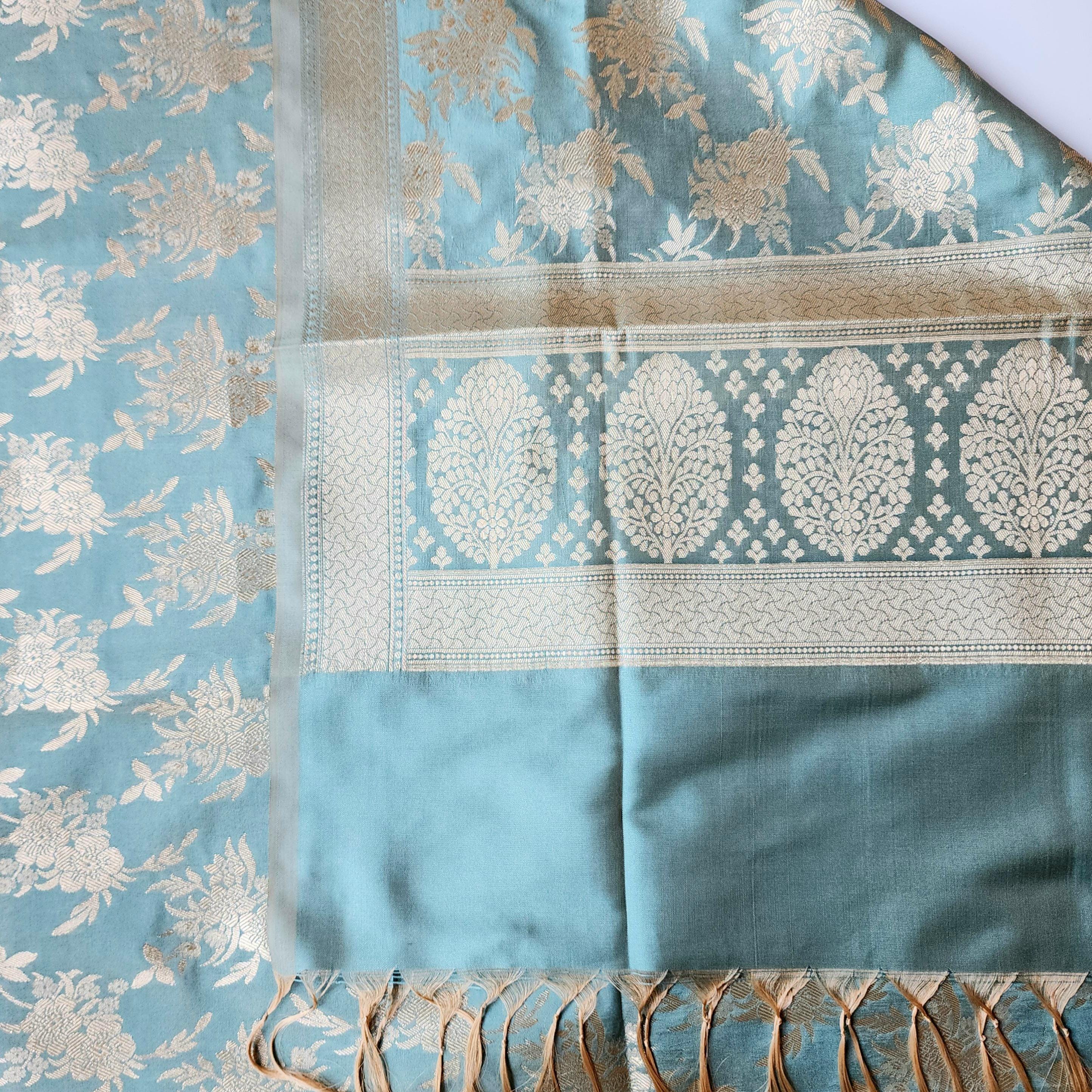 Powder Blue Banarasi Dupatta Handwoven Golden Florals, Dreamy Ethnic Look