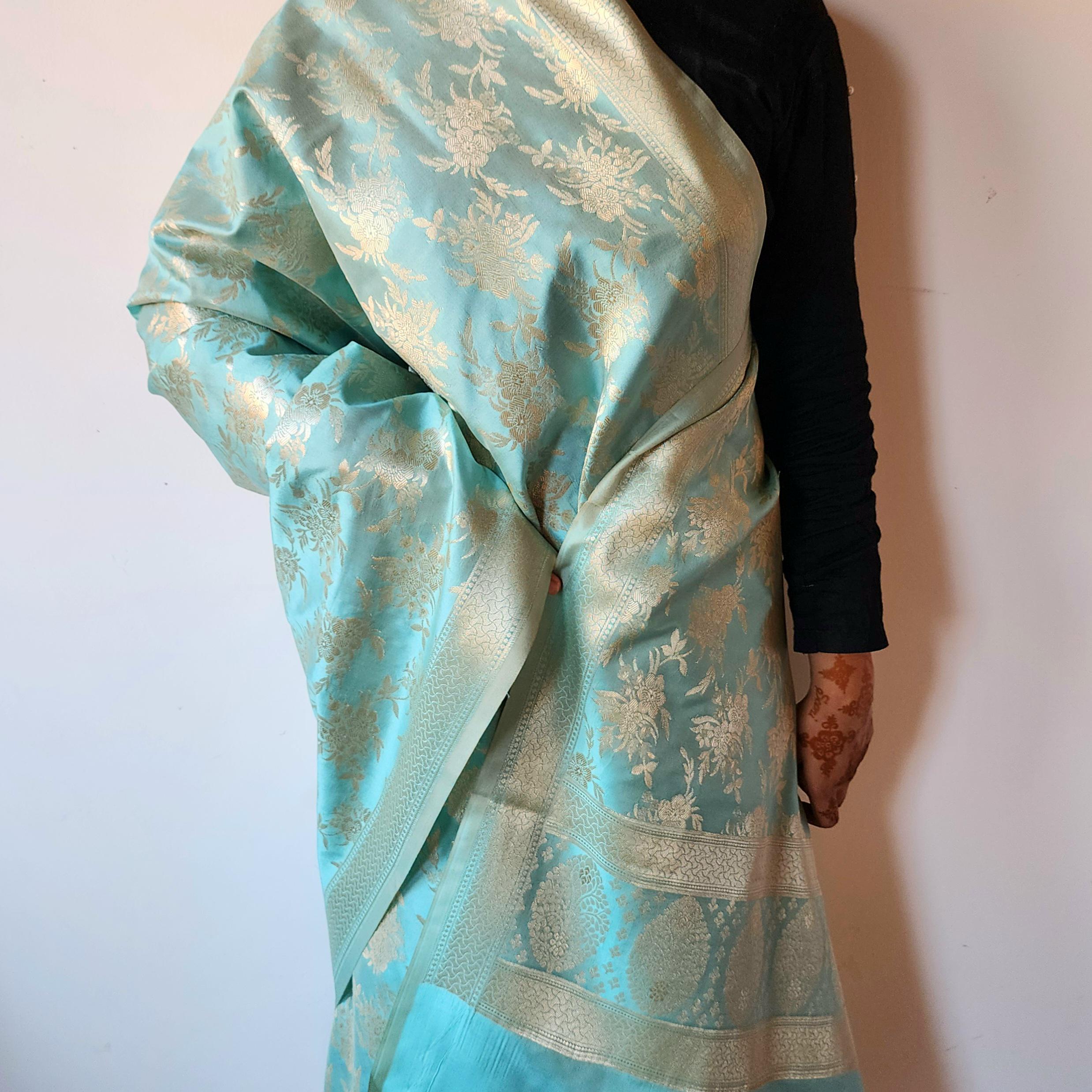 Pastel Sky Blue Banarasi Dupatta Soft Gold Floral Brocade, Effortlessly Regal