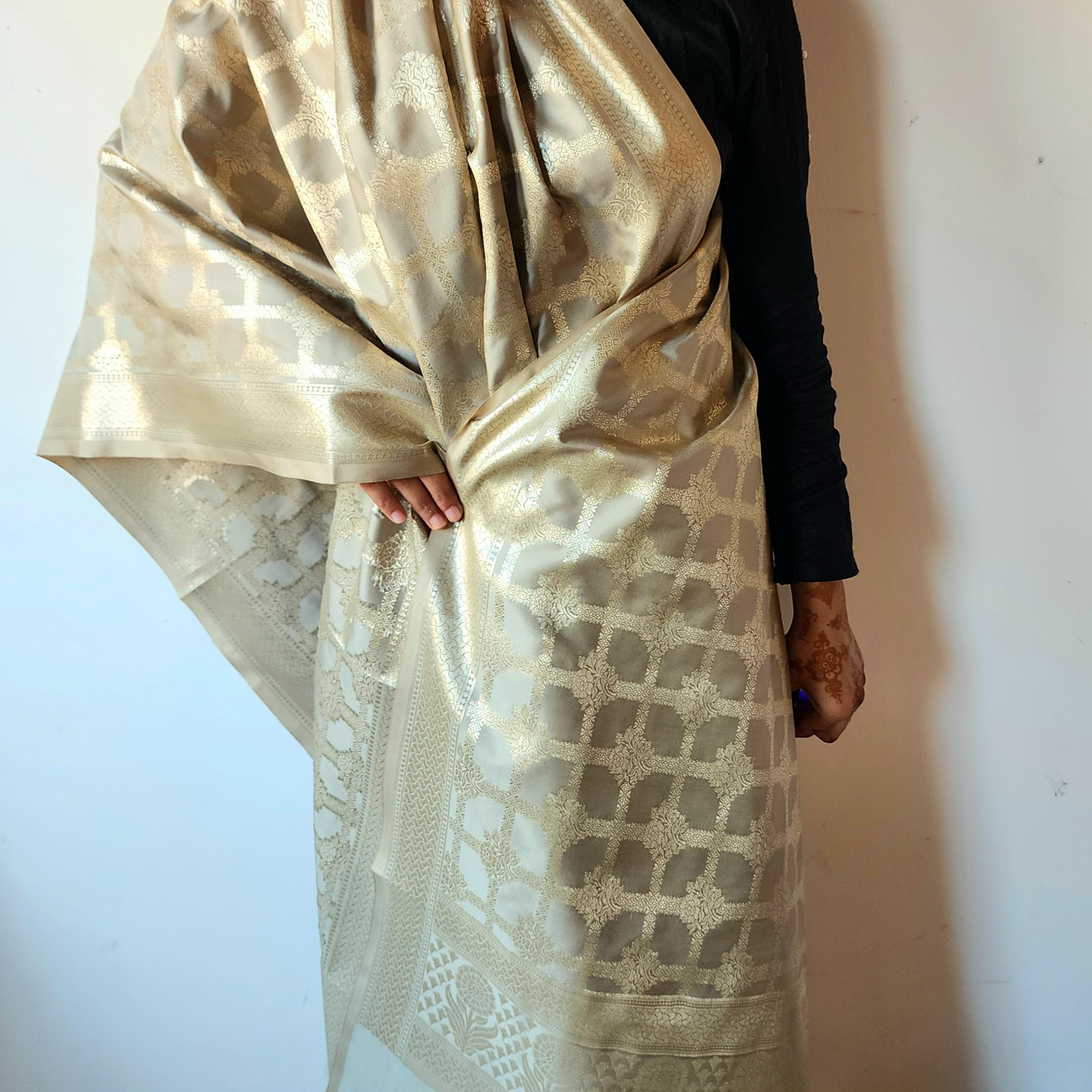 Taupe Grey Banarasi Dupatta Golden Geometric Design, Subtle Sophistication