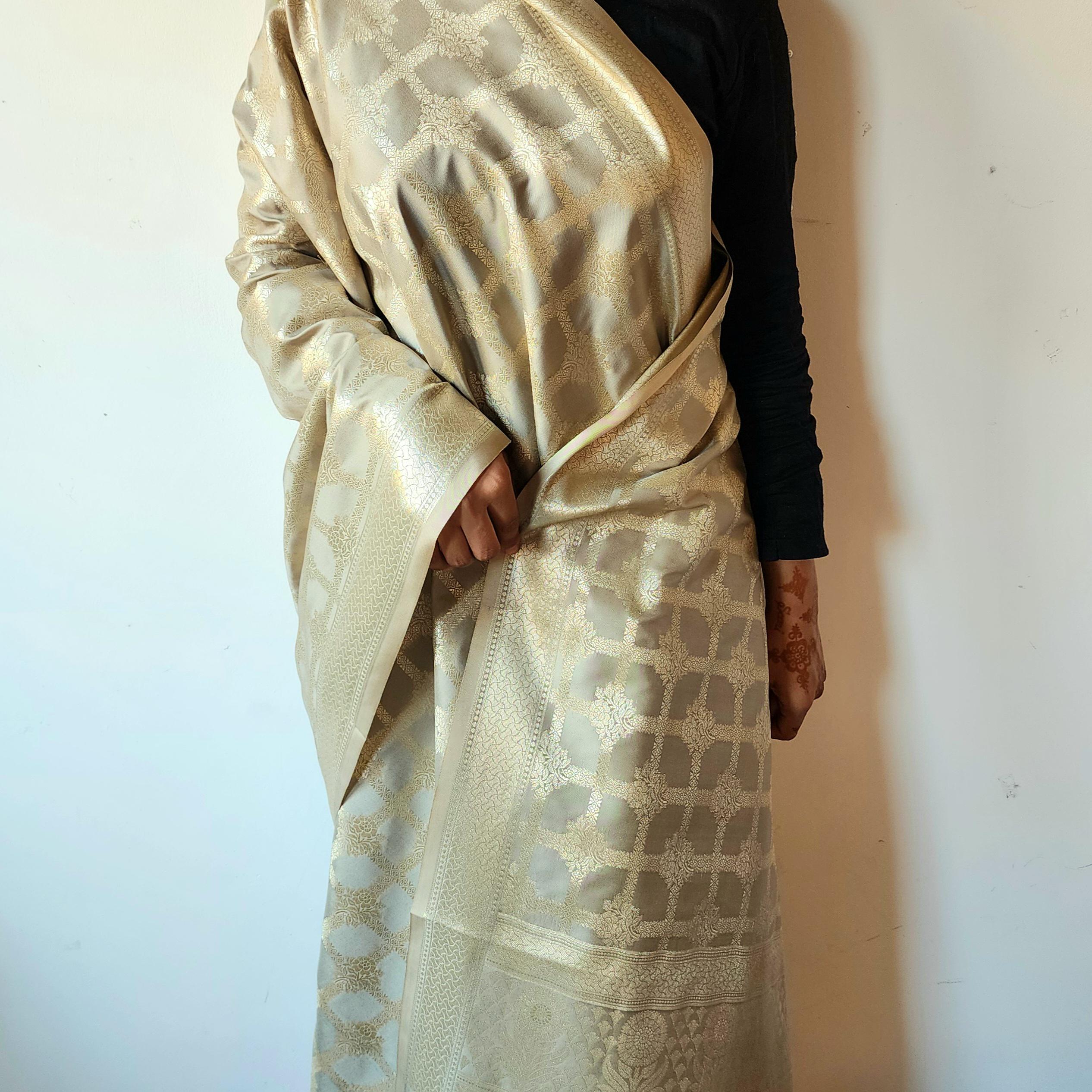 Taupe Grey Banarasi Dupatta Golden Geometric Design, Subtle Sophistication