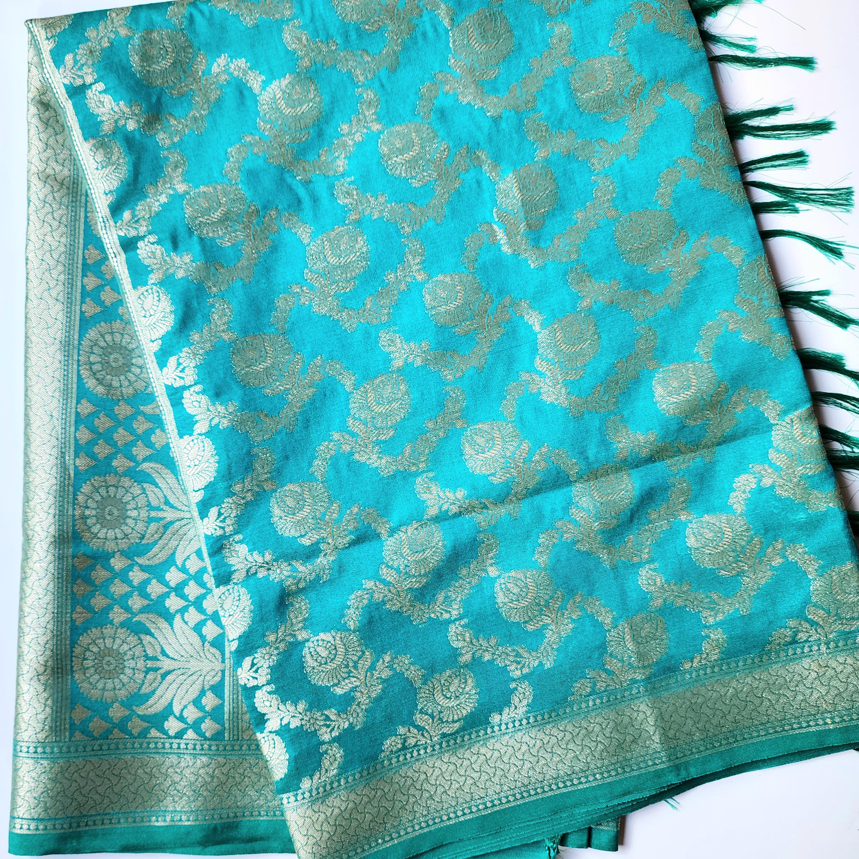 Teal Green Floral Jaal Dupatta with Mughal-Inspired Zari Border