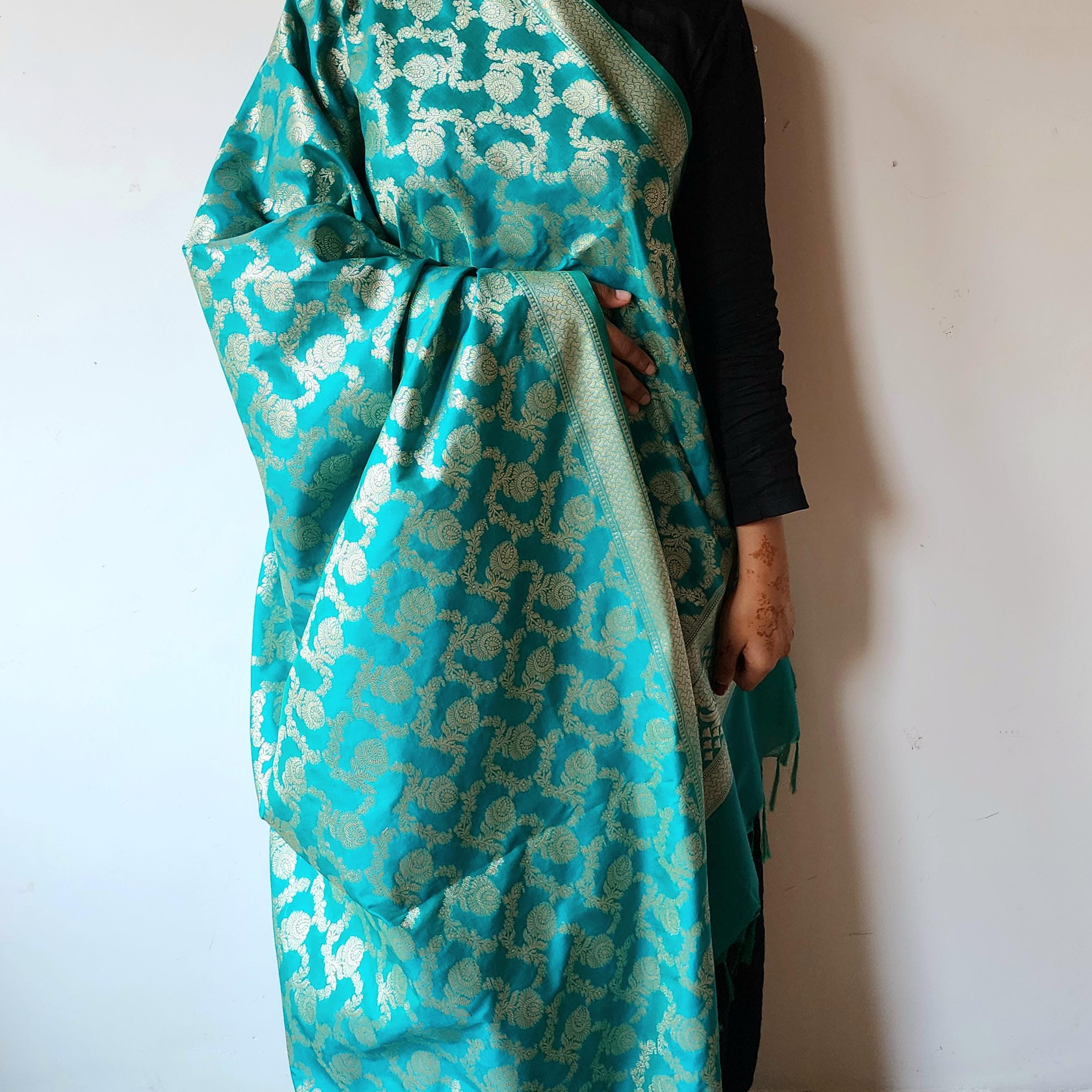 Teal Blue Banarasi Dupatta Handwoven Gold Weave, Bright & Graceful