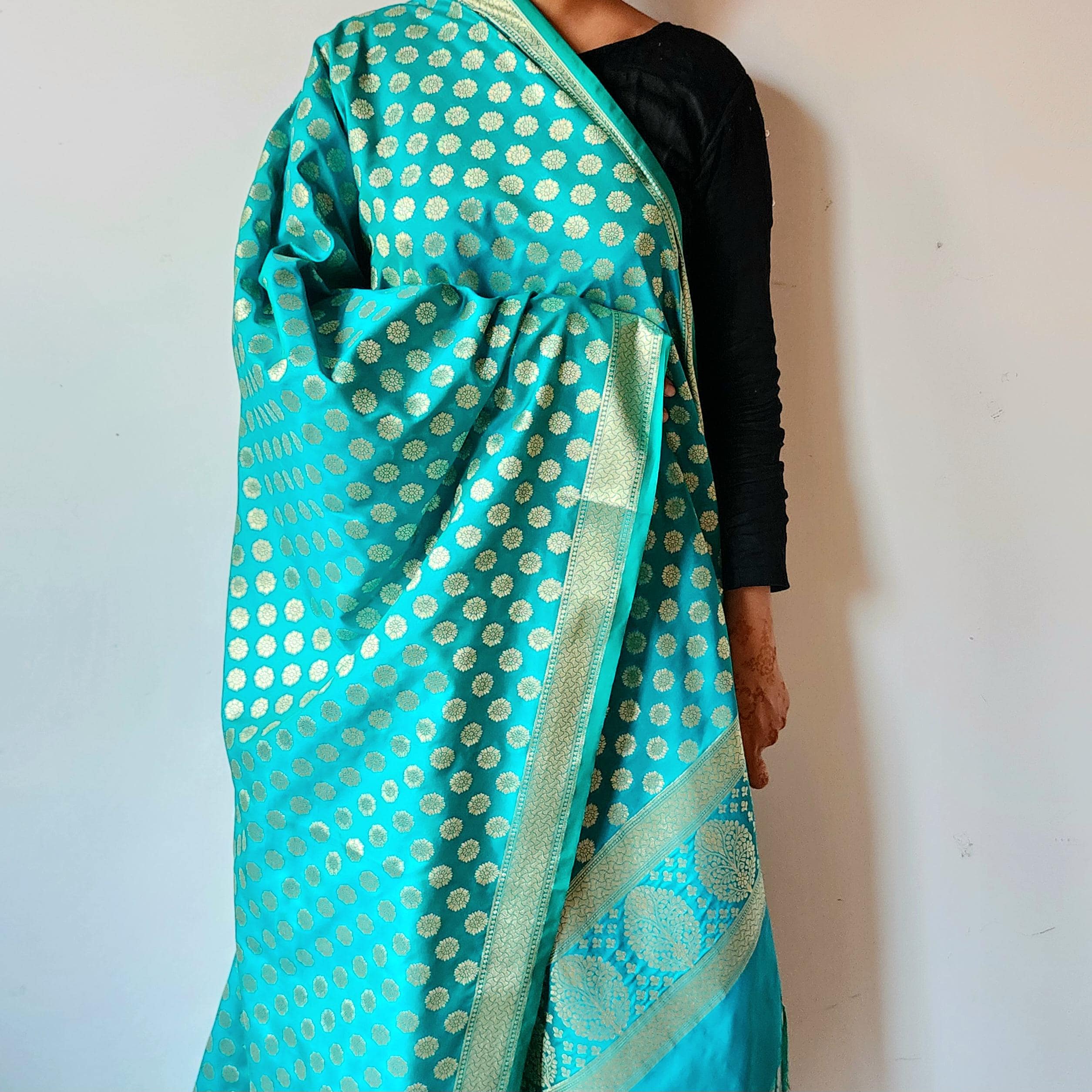 Turquoise Blue Banarasi Dupatta Golden Butti Work, Bright & Refreshing