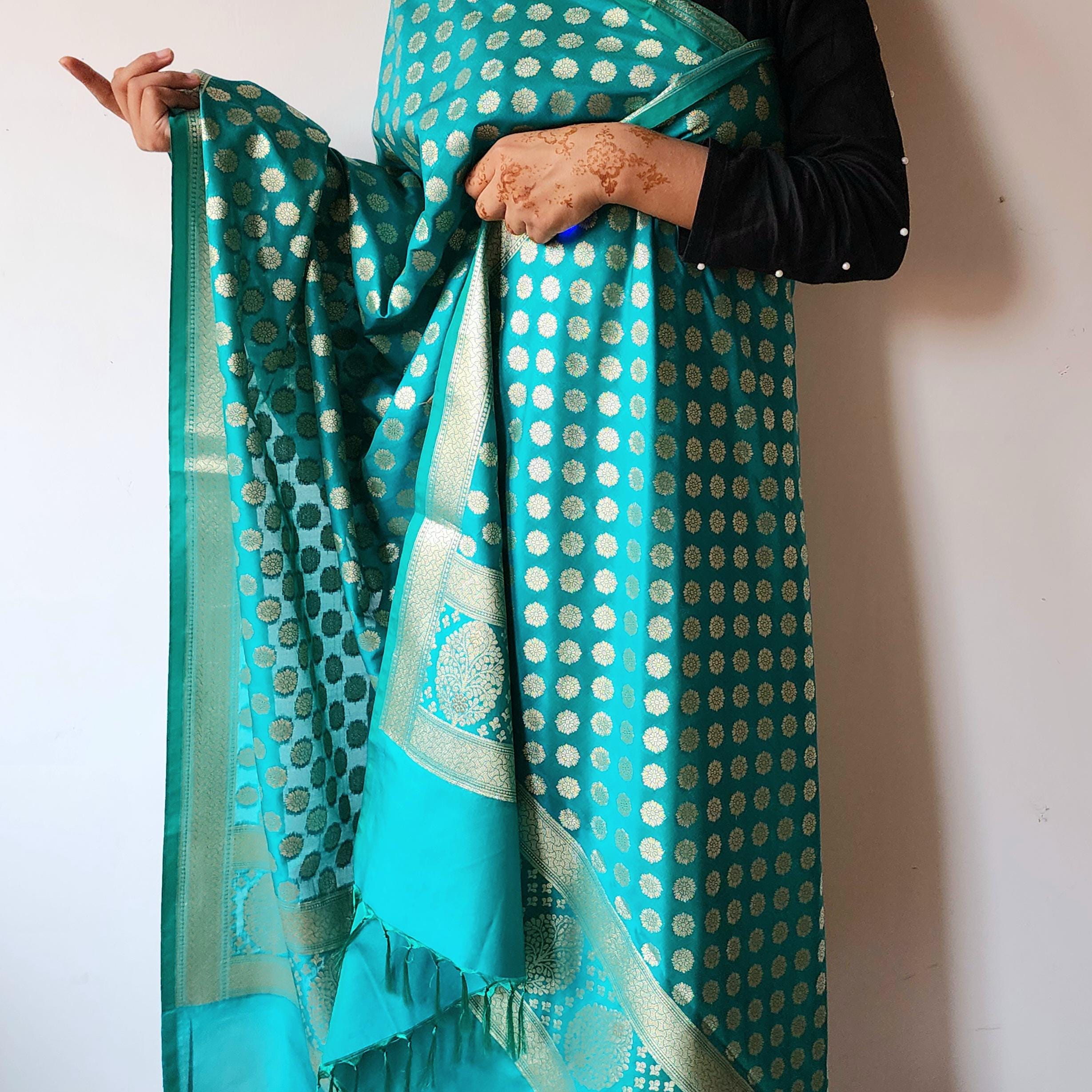 Turquoise Blue Banarasi Dupatta Golden Butti Work, Bright & Refreshing