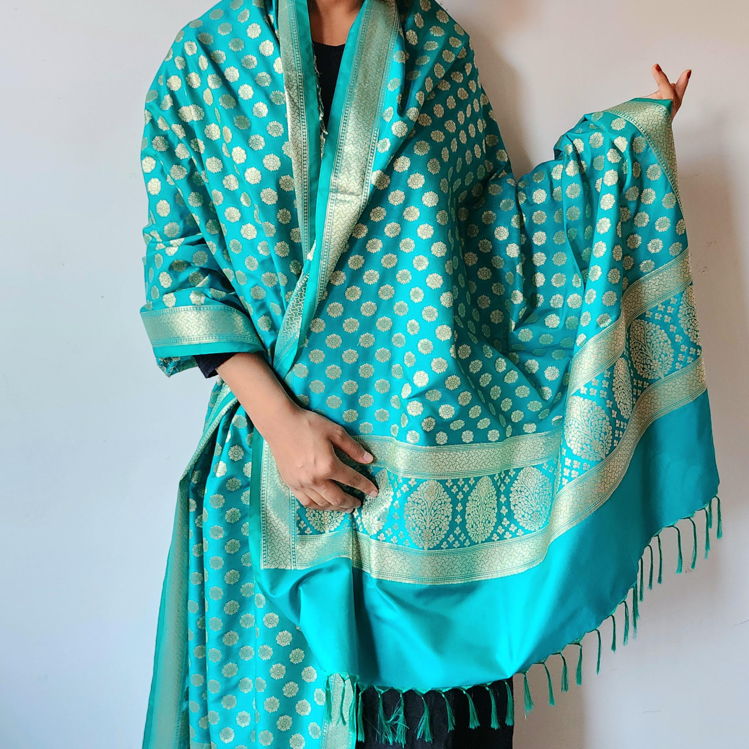 Turquoise Blue Banarasi Dupatta Golden Butti Work, Bright & Refreshing