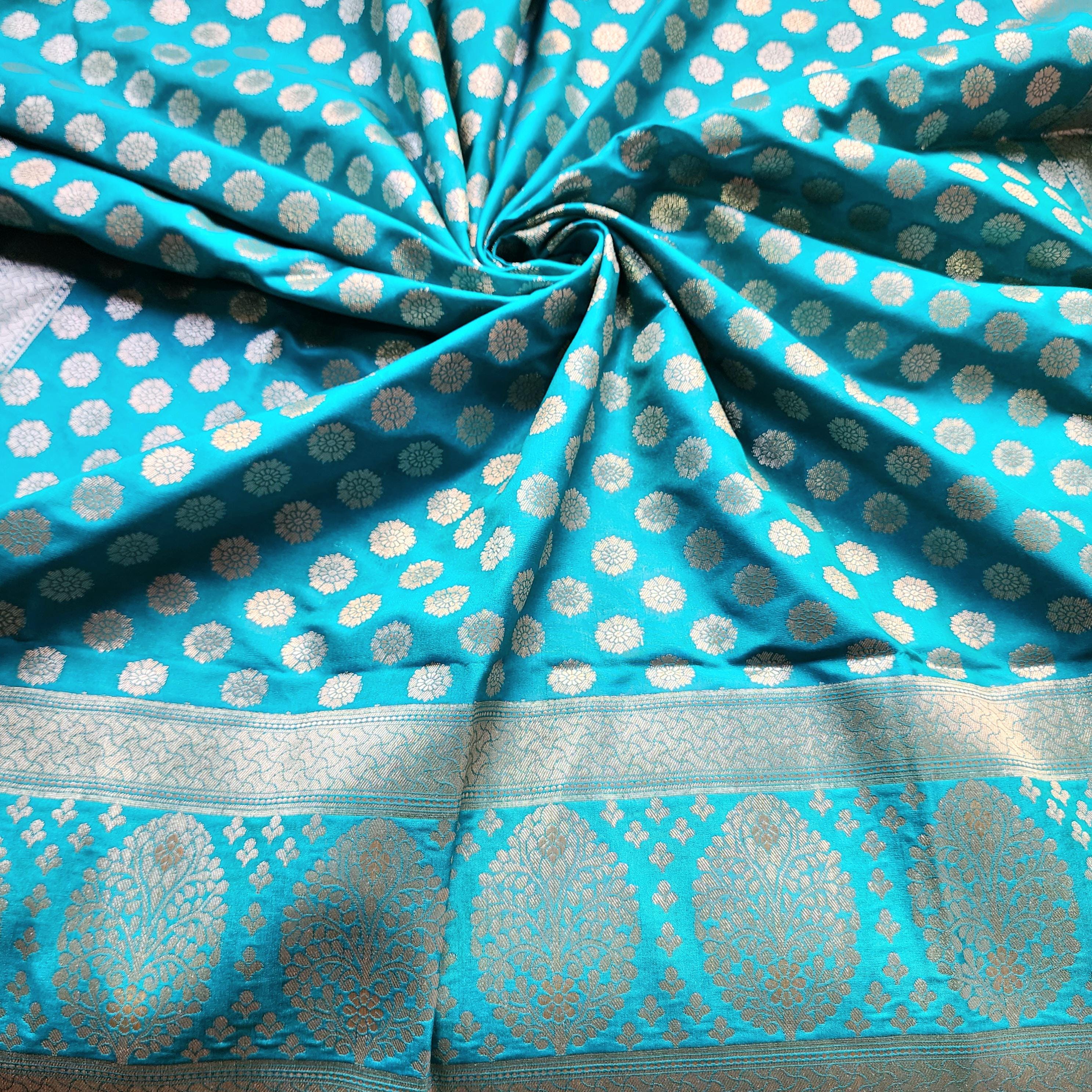 Turquoise Blue Banarasi Dupatta Golden Butti Work, Bright & Refreshing