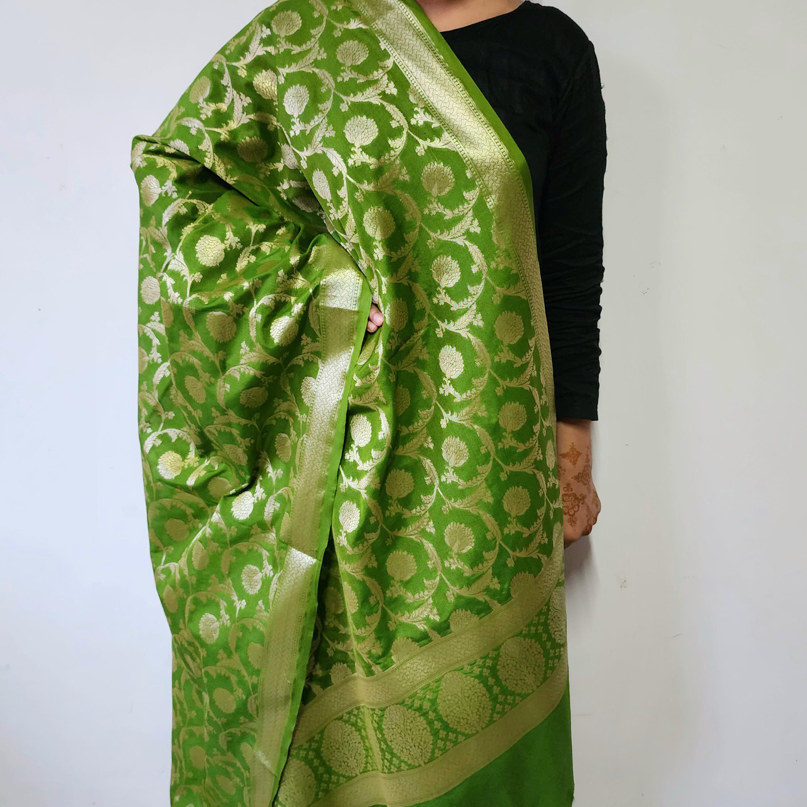 Vibrant Parrot Green Banarasi Dupatta - Zari Blossom Motifs