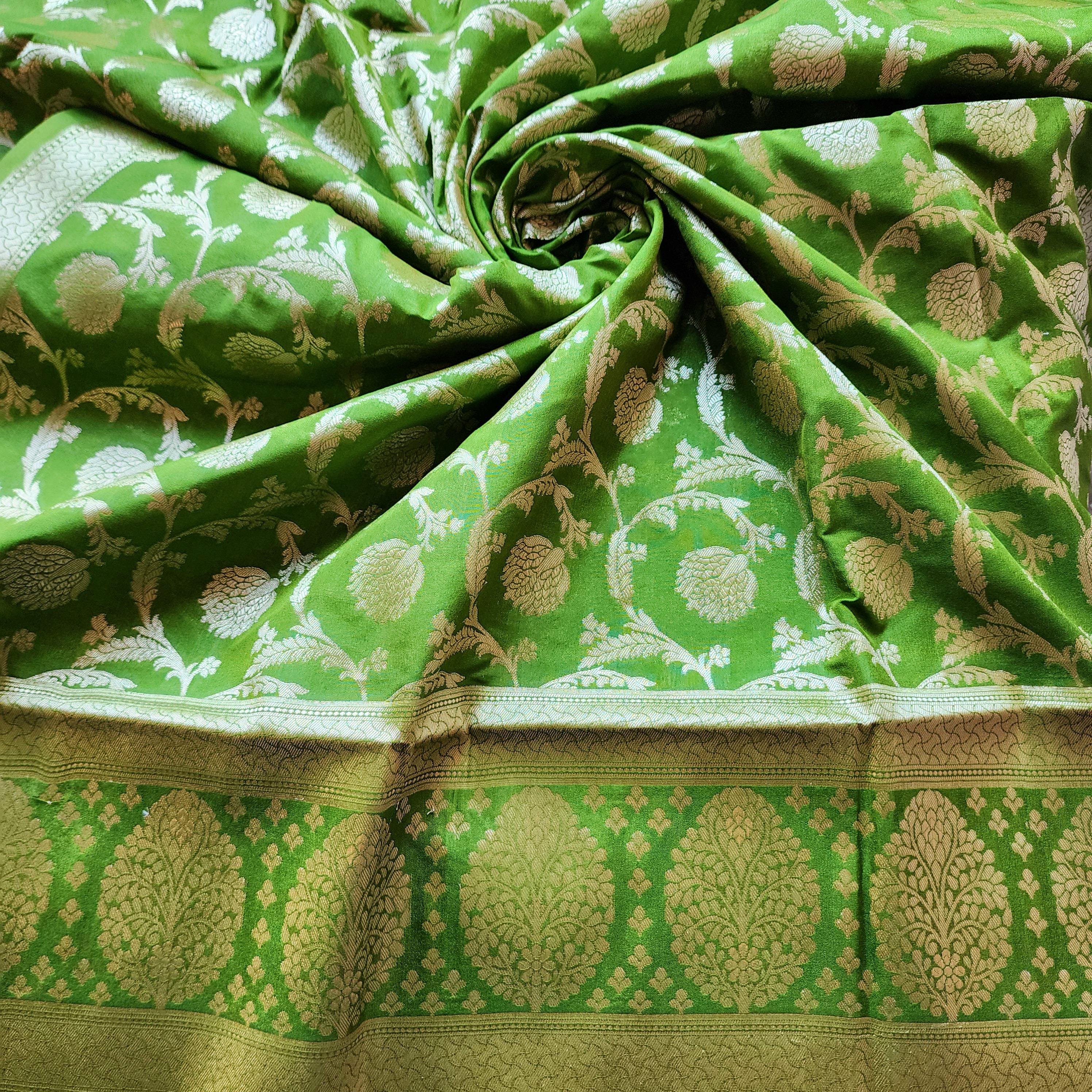 Vibrant Parrot Green Banarasi Dupatta - Zari Blossom Motifs