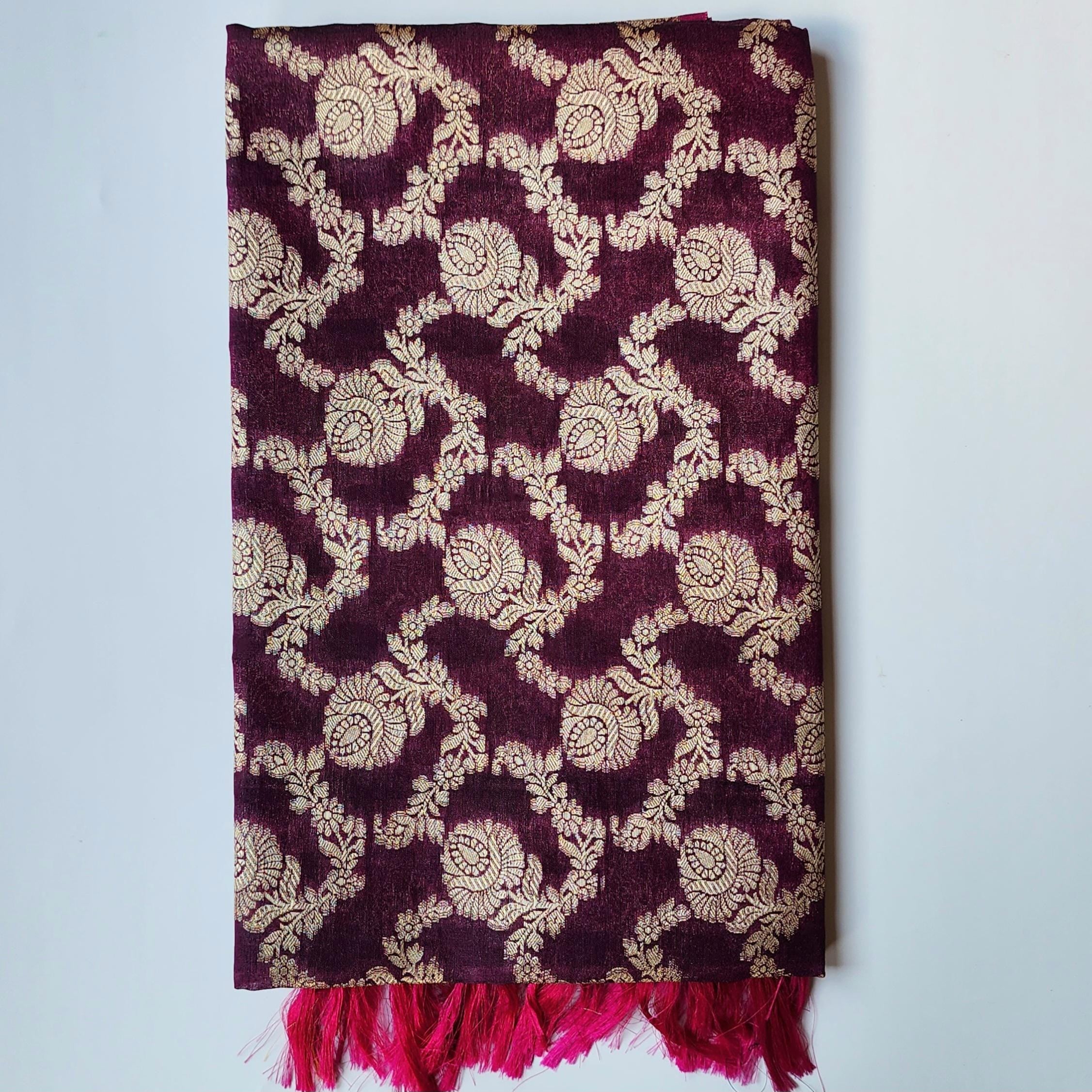 Wine Banarasi Dupatta Gold Floral Brocade, Purple Evening Look