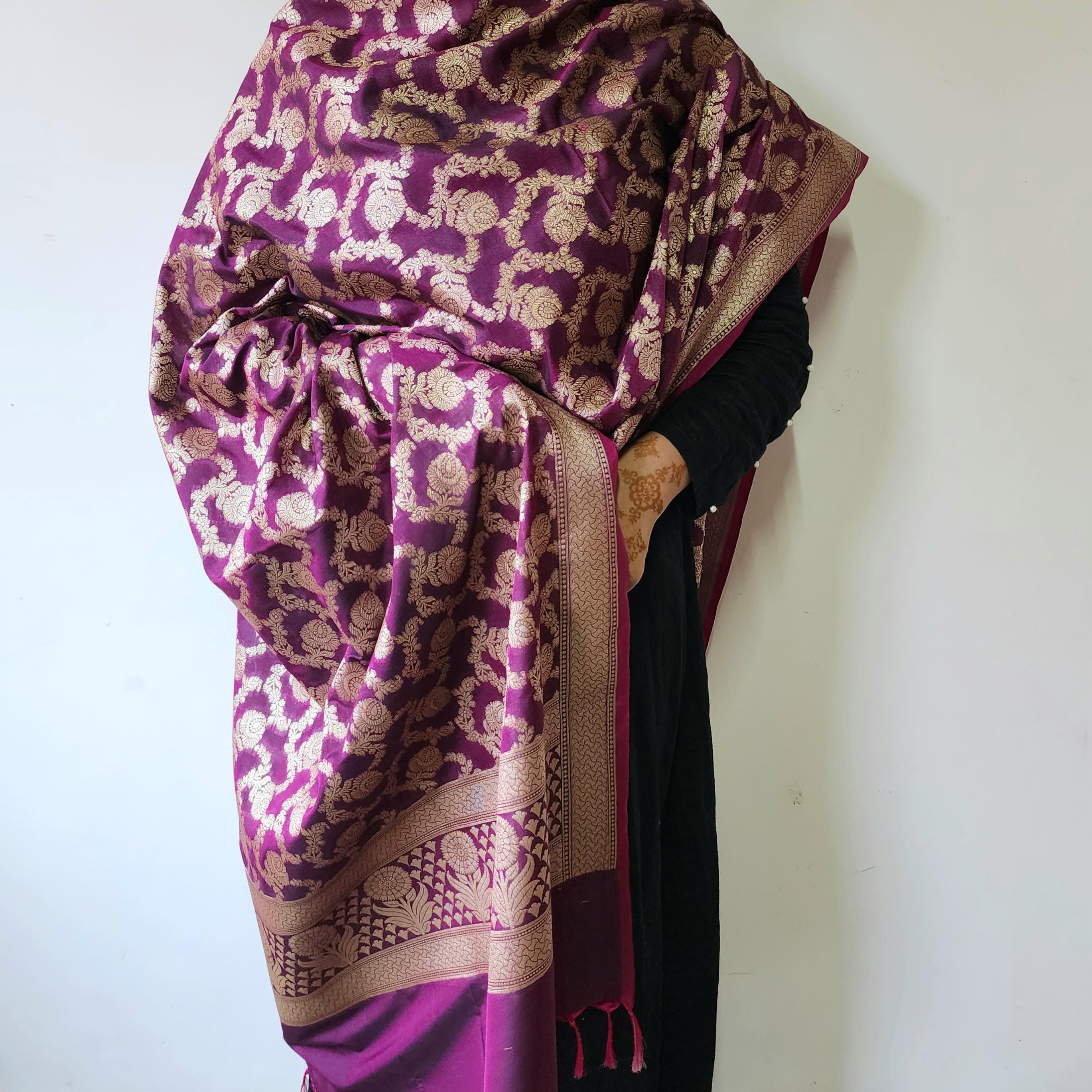 Wine Banarasi Dupatta Gold Floral Brocade, Purple Evening Look