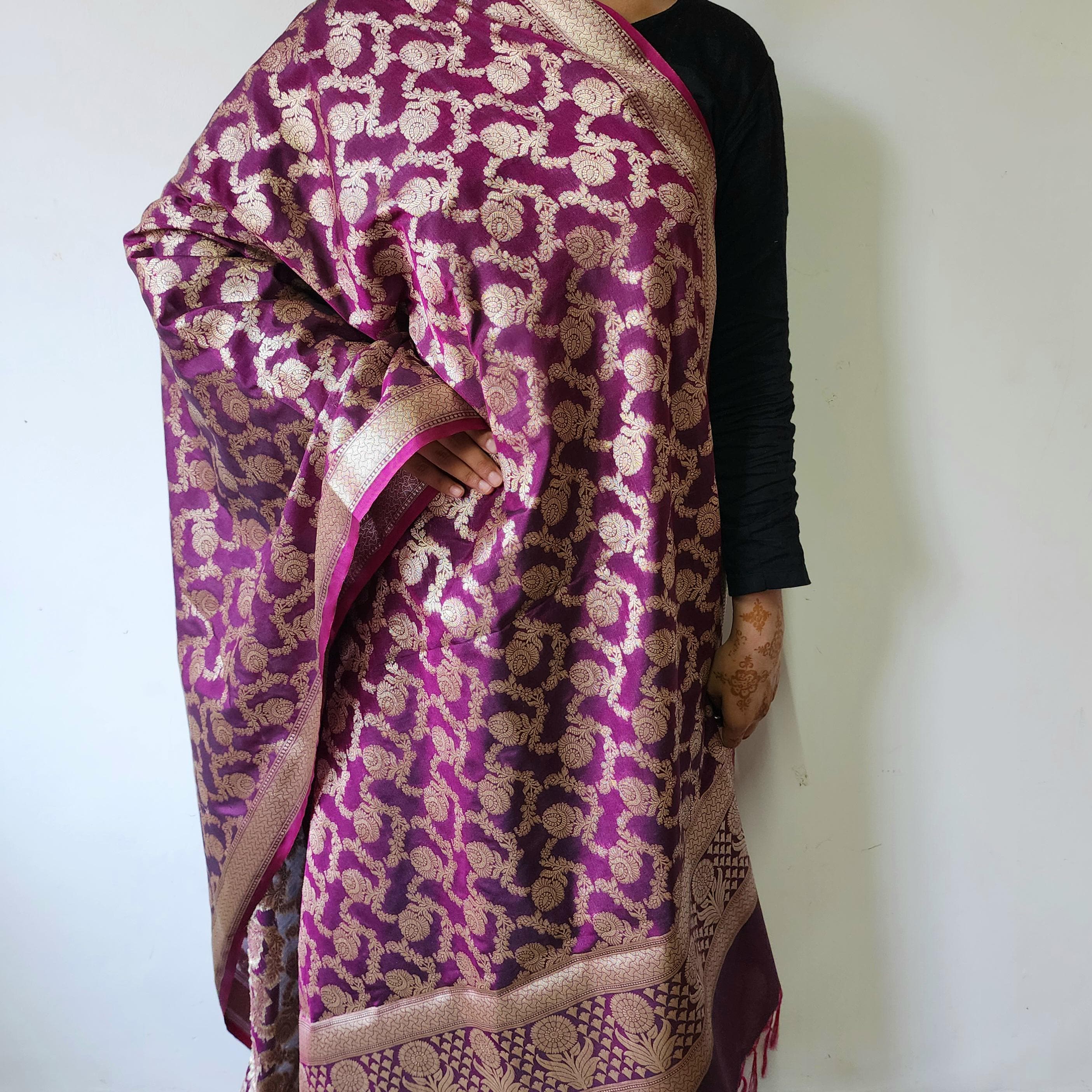 Wine Banarasi Dupatta Gold Floral Brocade, Purple Evening Look