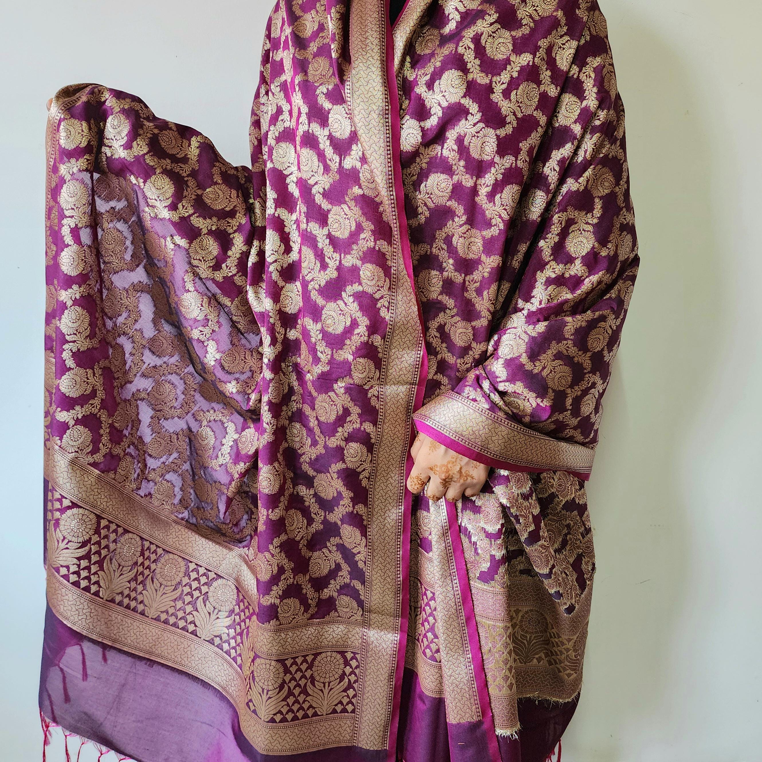 Wine Banarasi Dupatta Gold Floral Brocade, Purple Evening Look